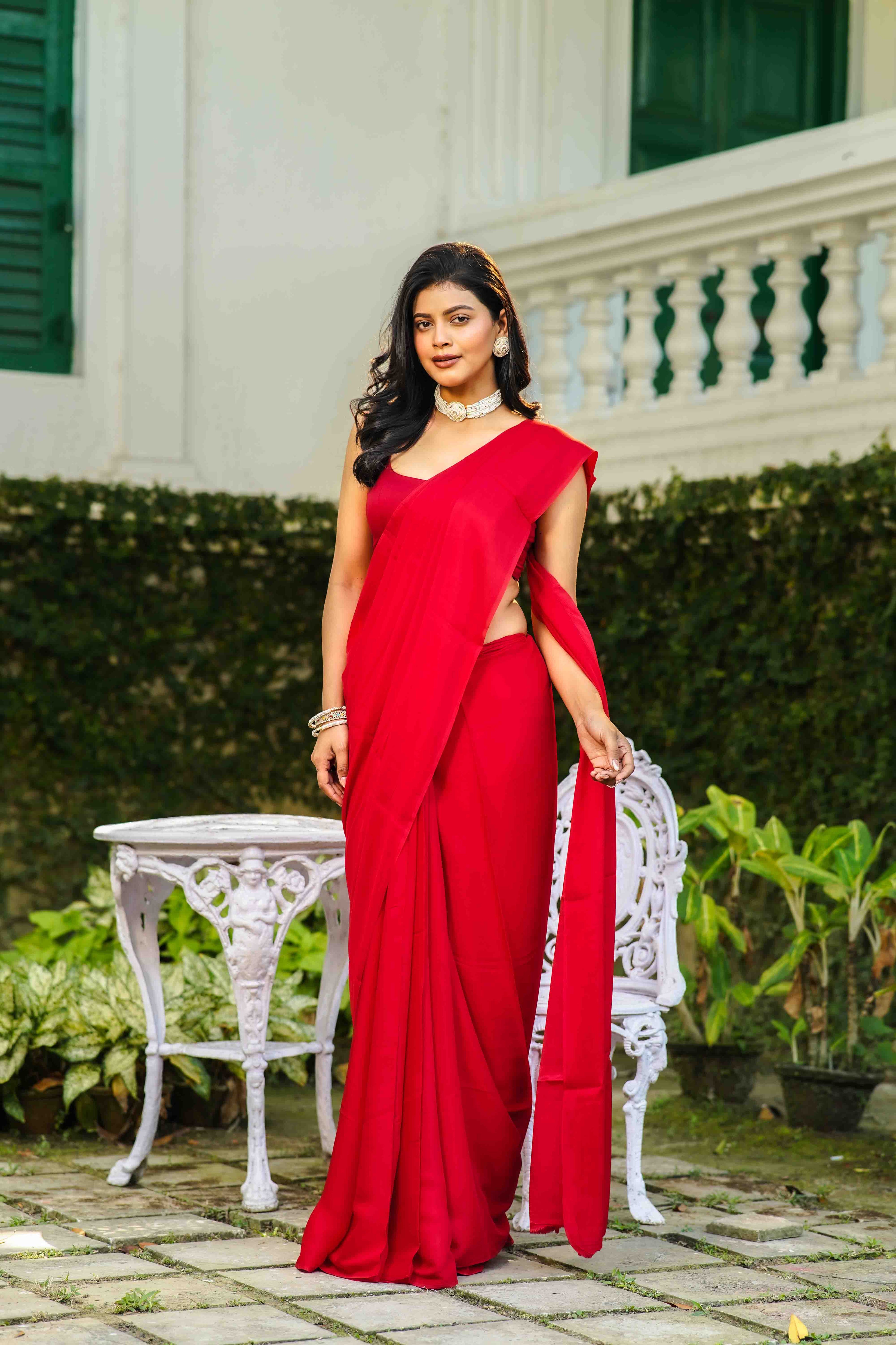 Red Satin Saree With Blouse Piece