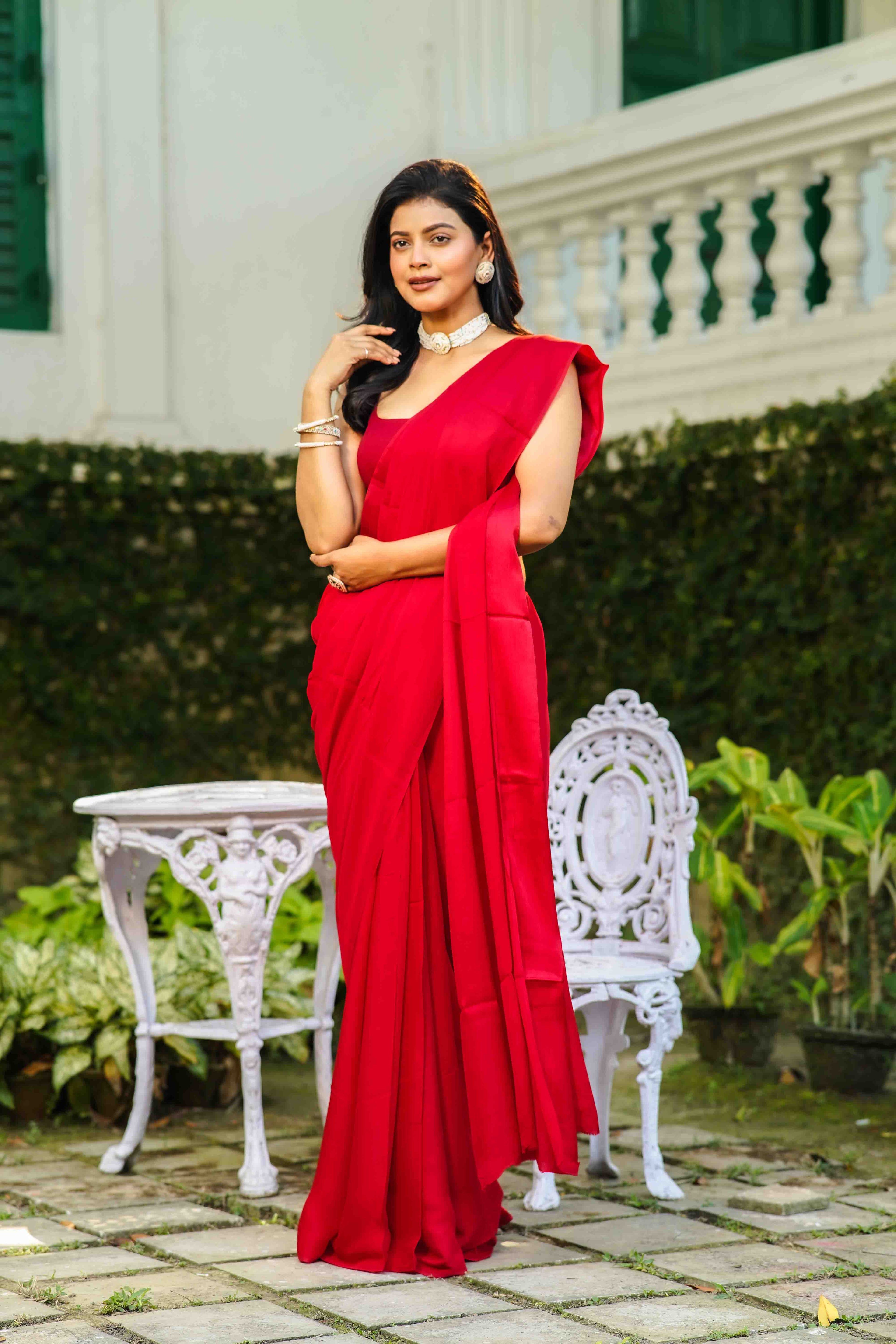 Red Satin Saree With Blouse Piece
