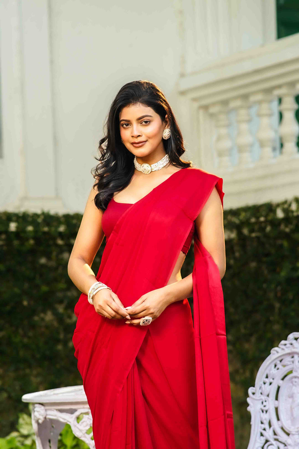 Red Satin Saree With Blouse Piece