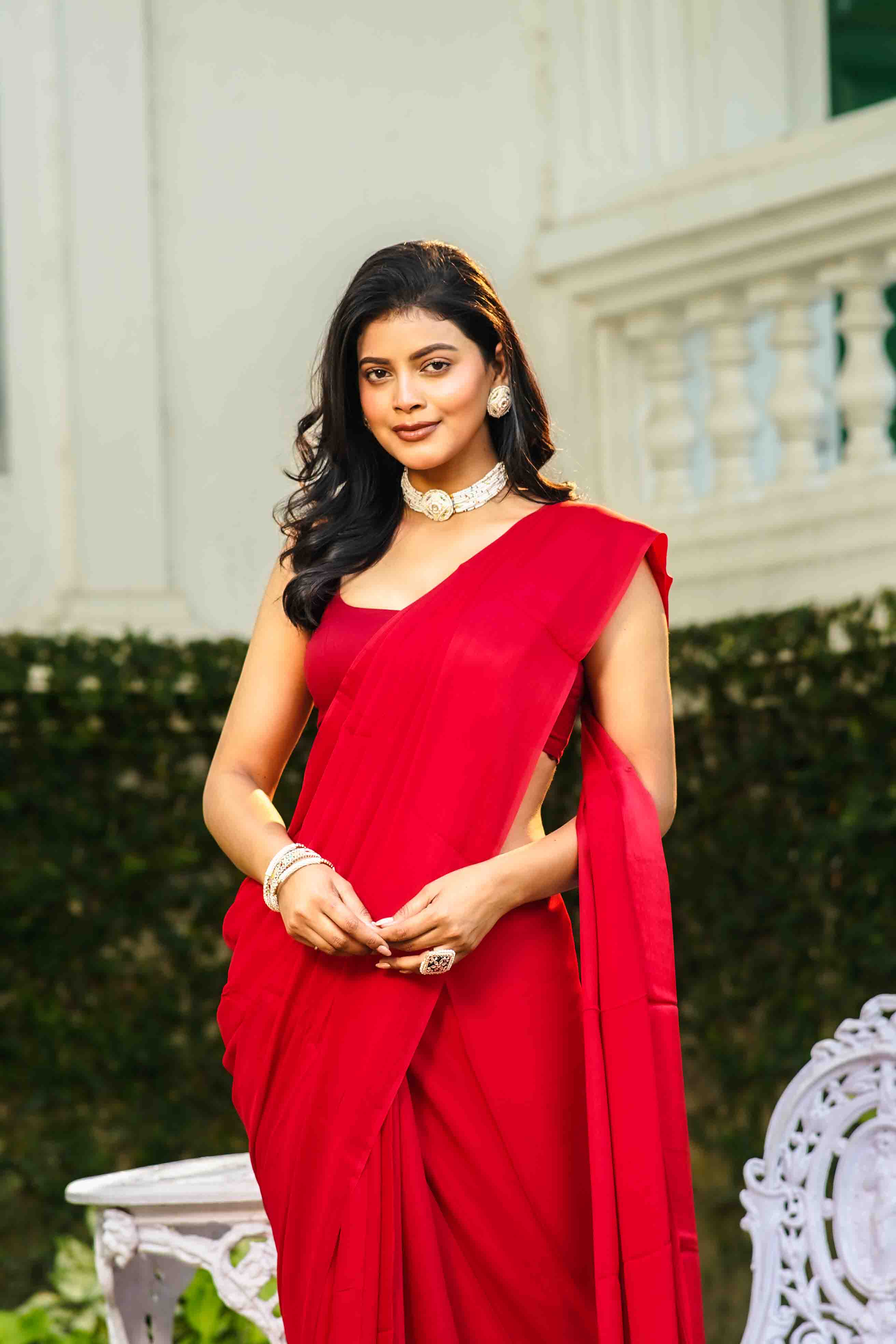 Red Satin Saree With Blouse Piece