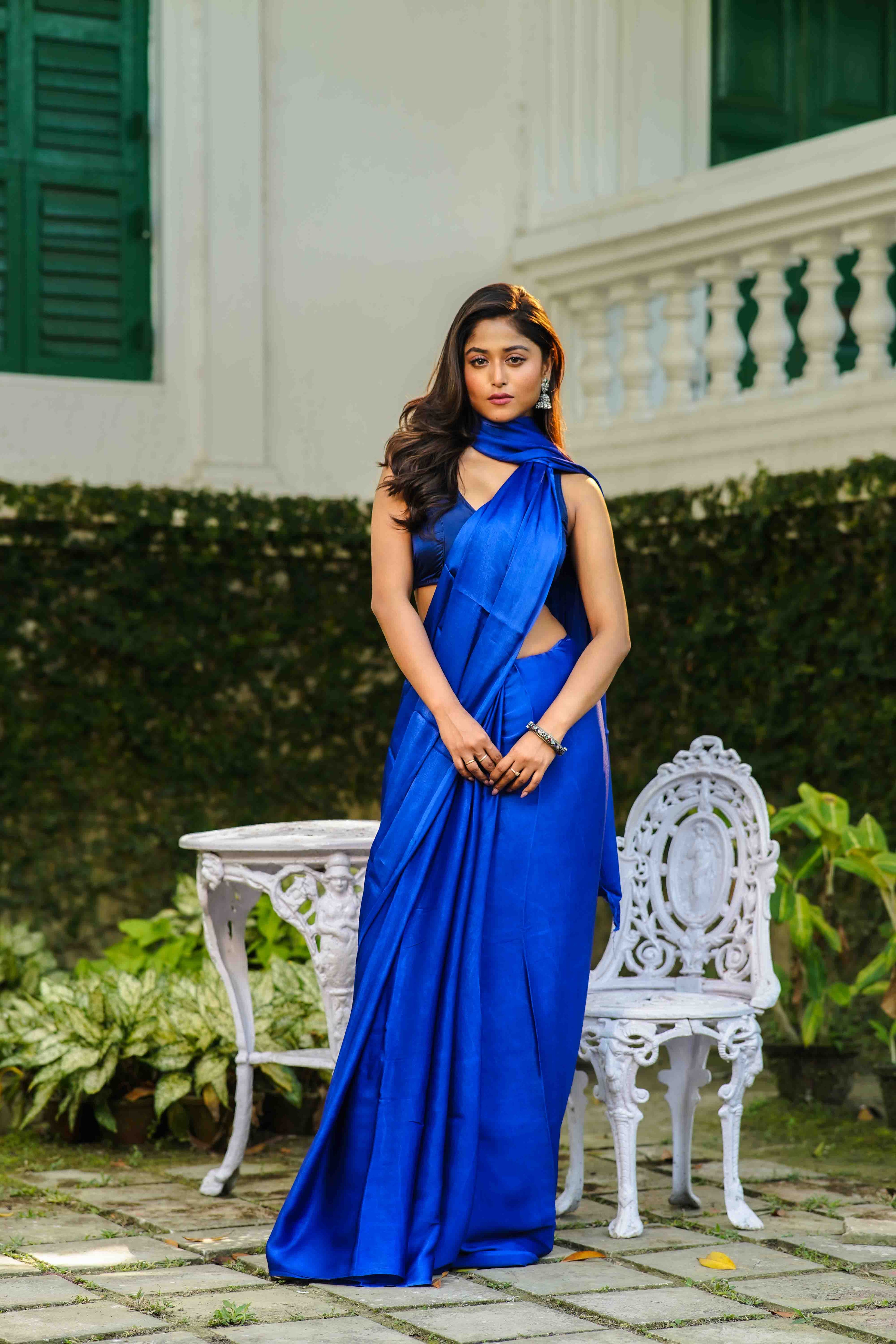 Blue Satin Saree With Blouse Piece