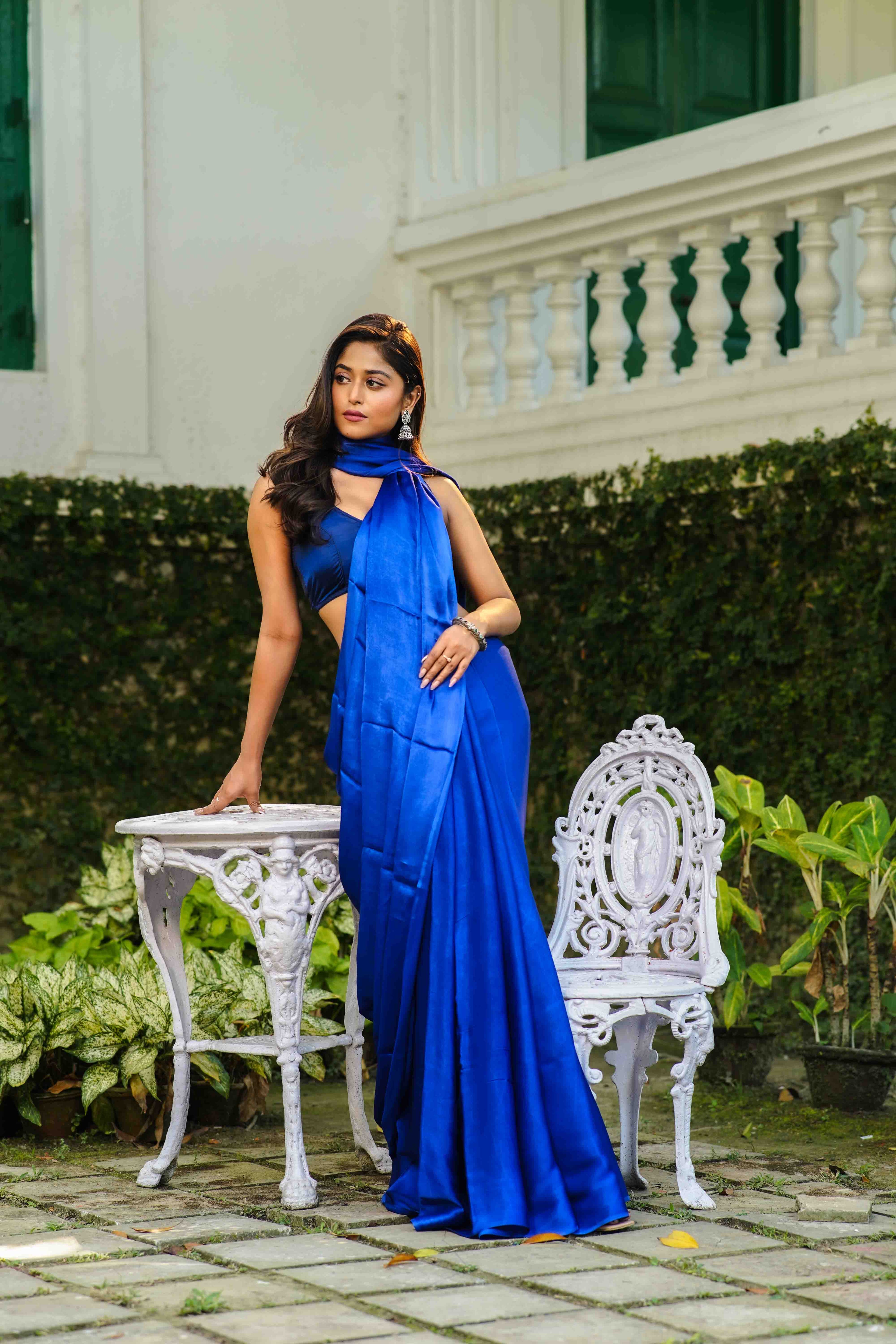 Blue Satin Saree With Blouse Piece