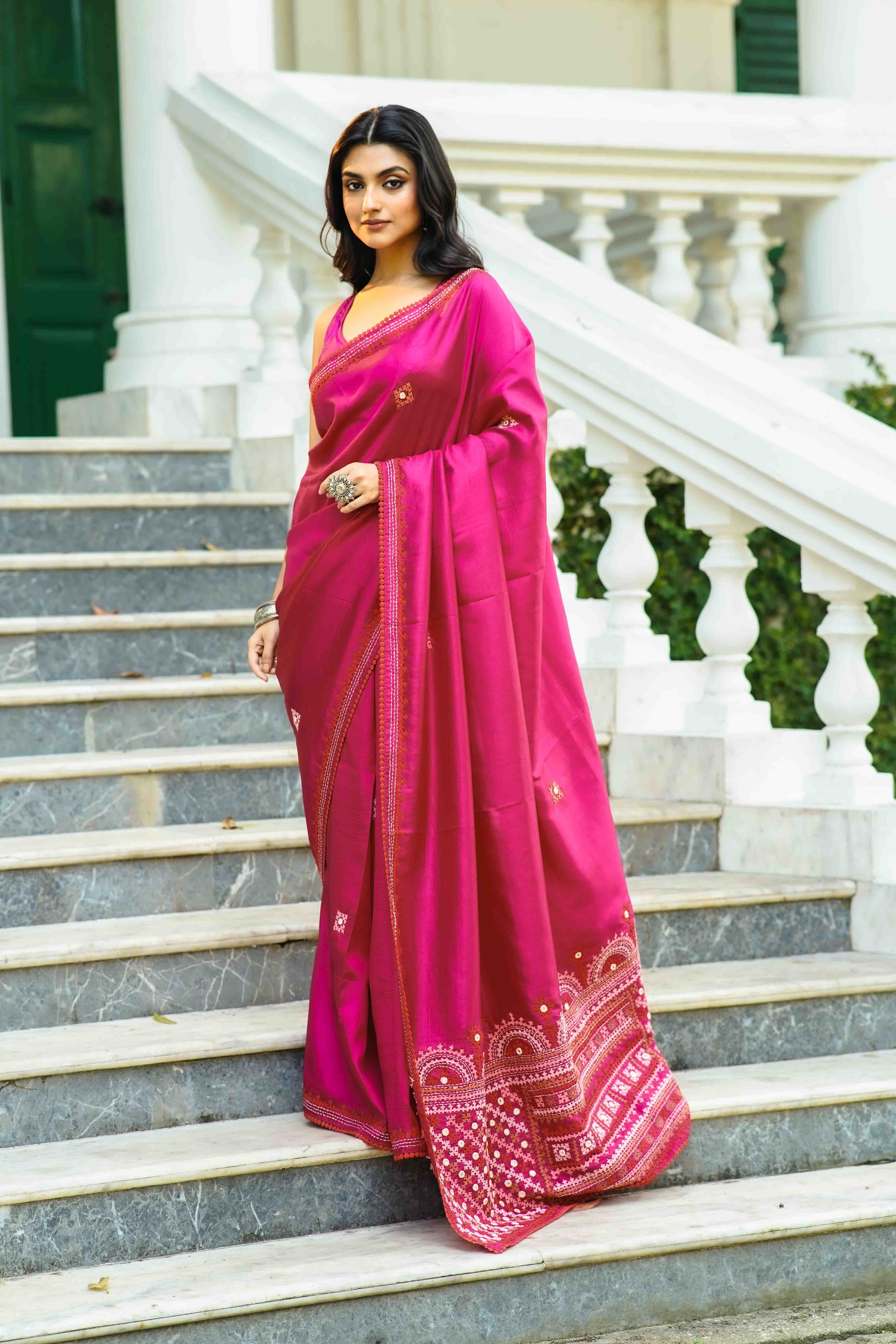 Rani Blended Silk Gujarati Saree With Blouse Piece