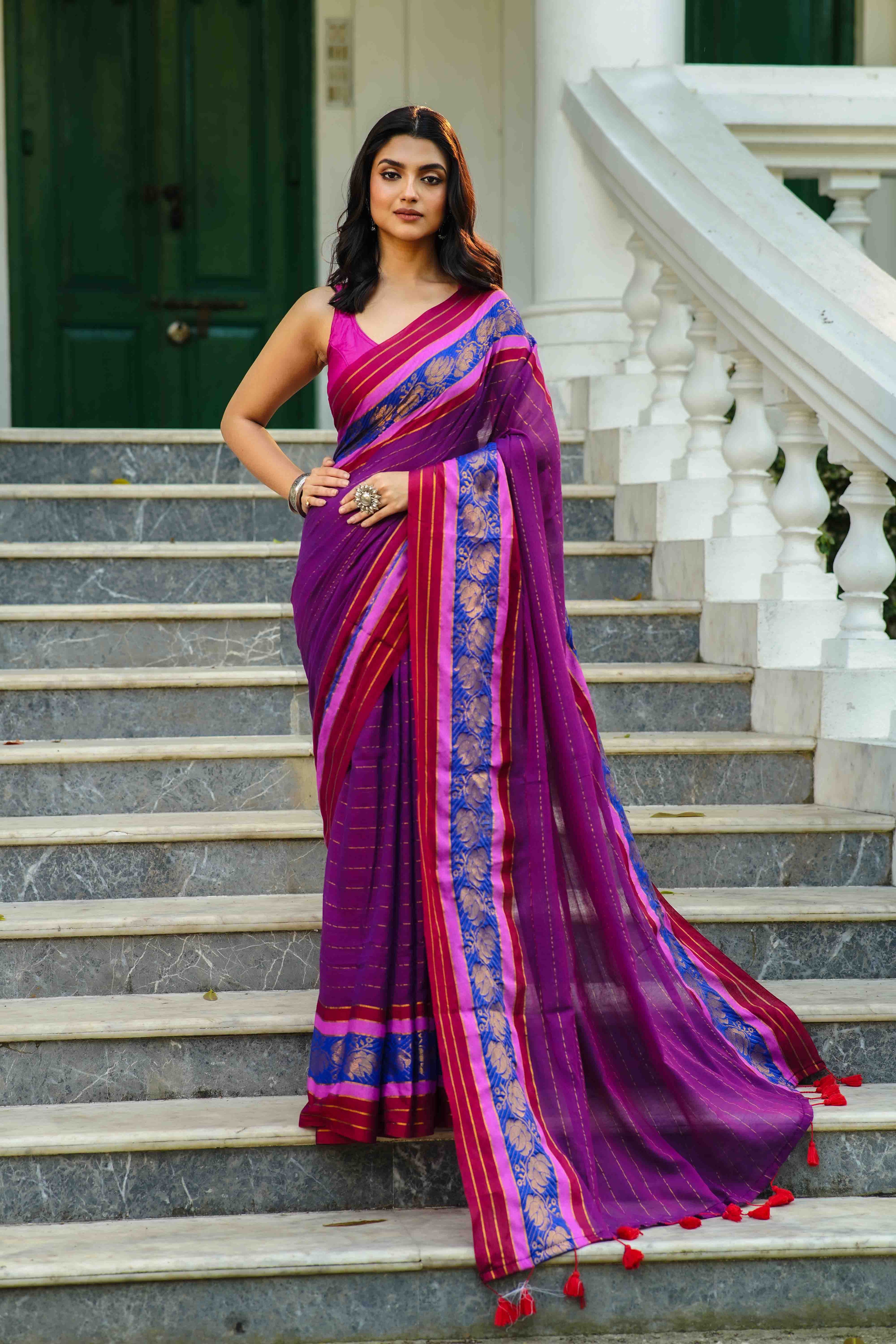 Purple Cotton Saree Without Blouse Piece