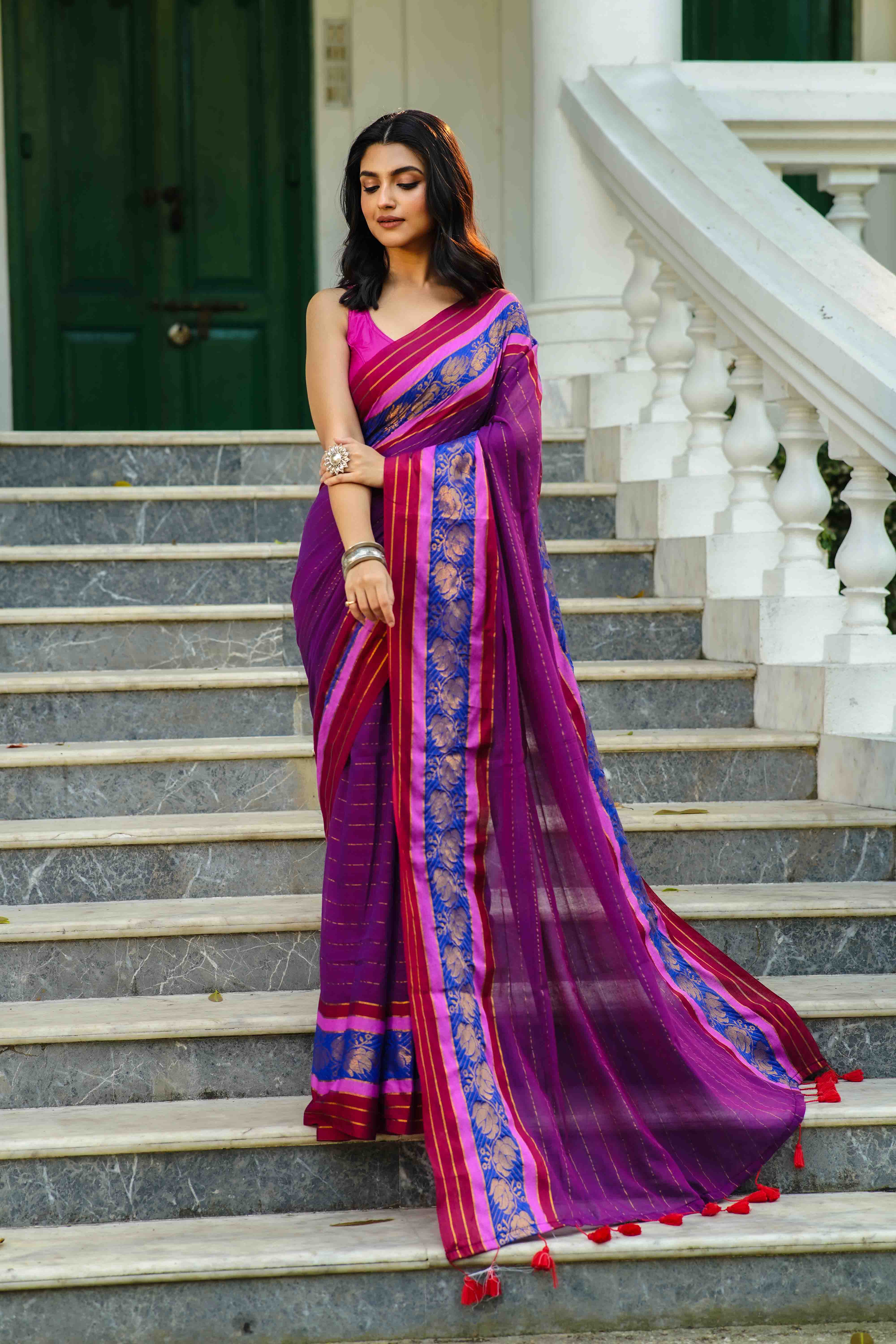 Purple Cotton Saree Without Blouse Piece