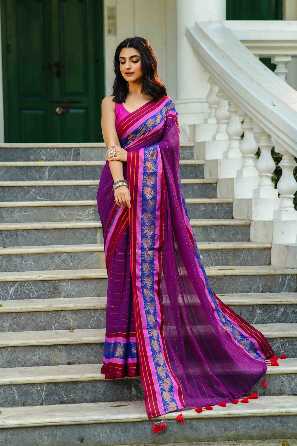 Purple Cotton Saree Without Blouse Piece