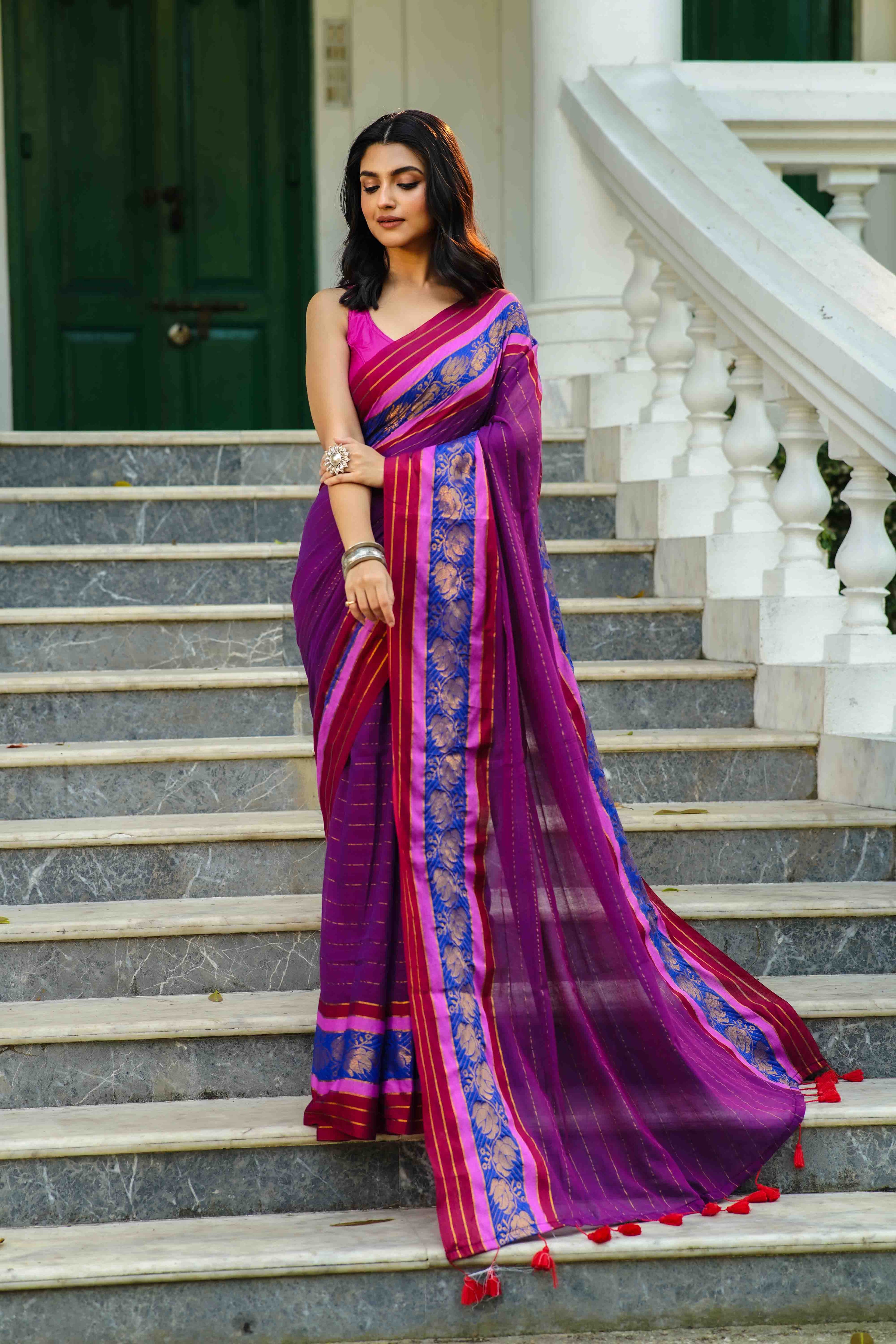 Purple Cotton Saree Without Blouse Piece