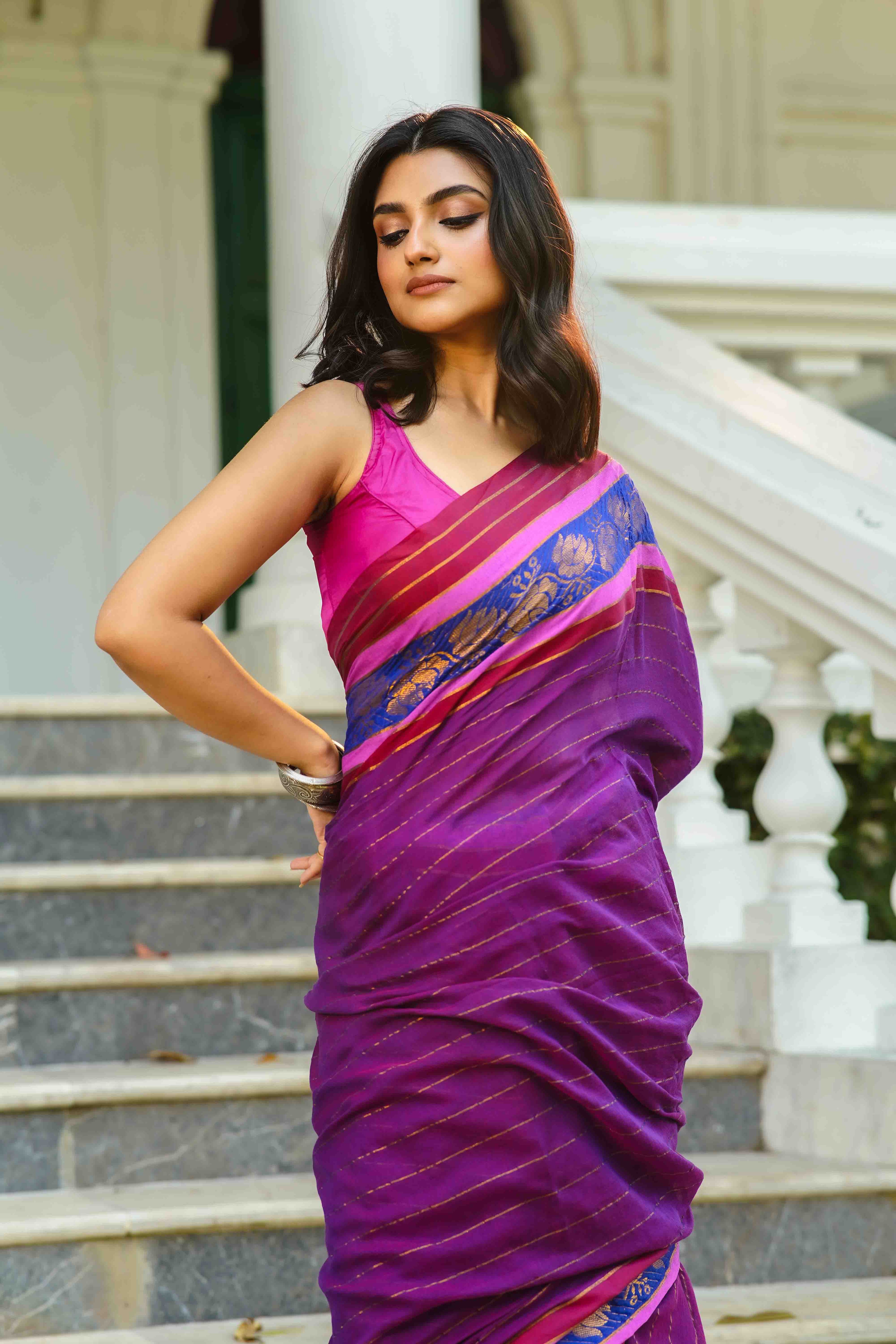 Purple Cotton Saree Without Blouse Piece
