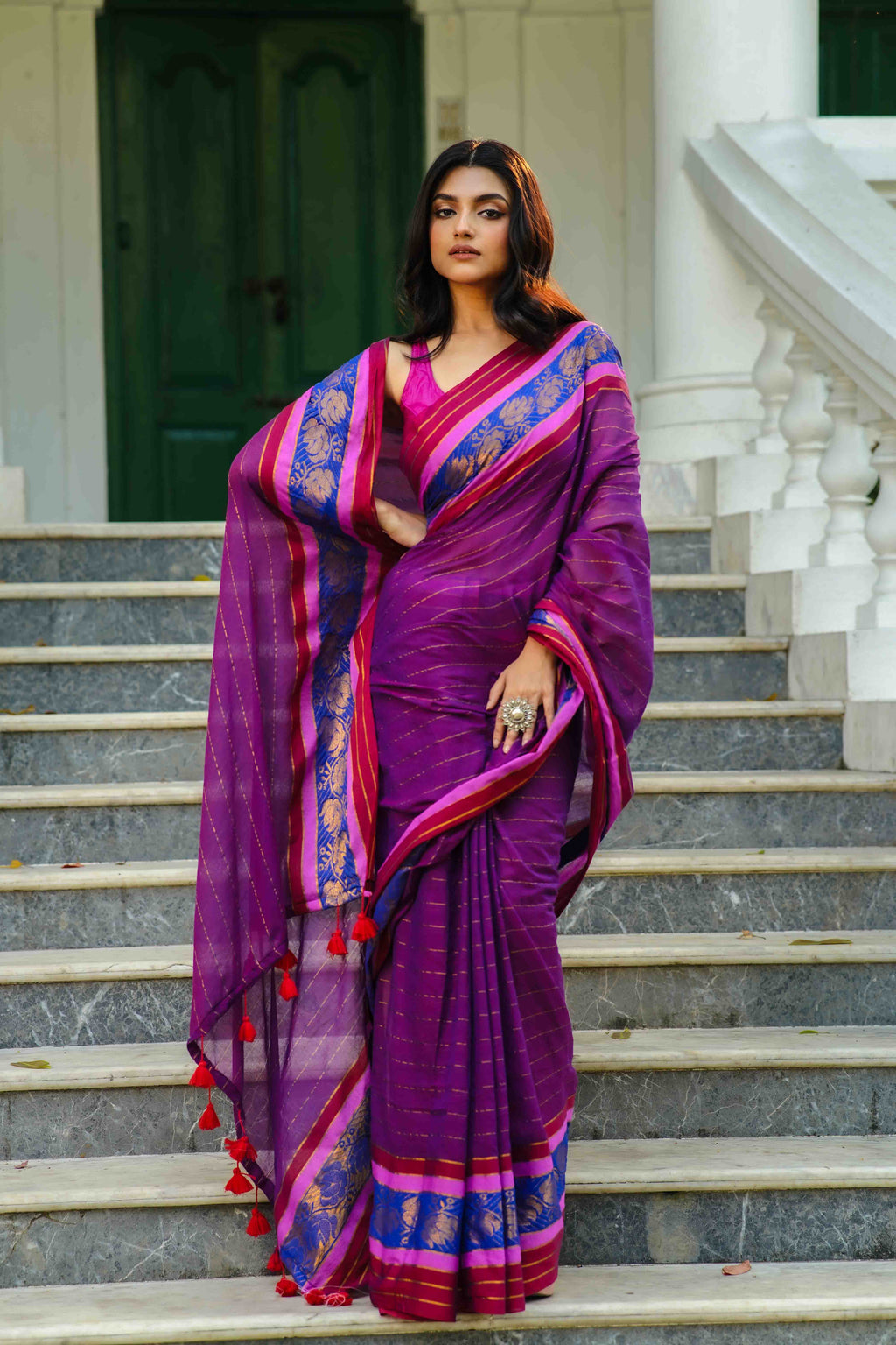Purple Cotton Saree Without Blouse Piece