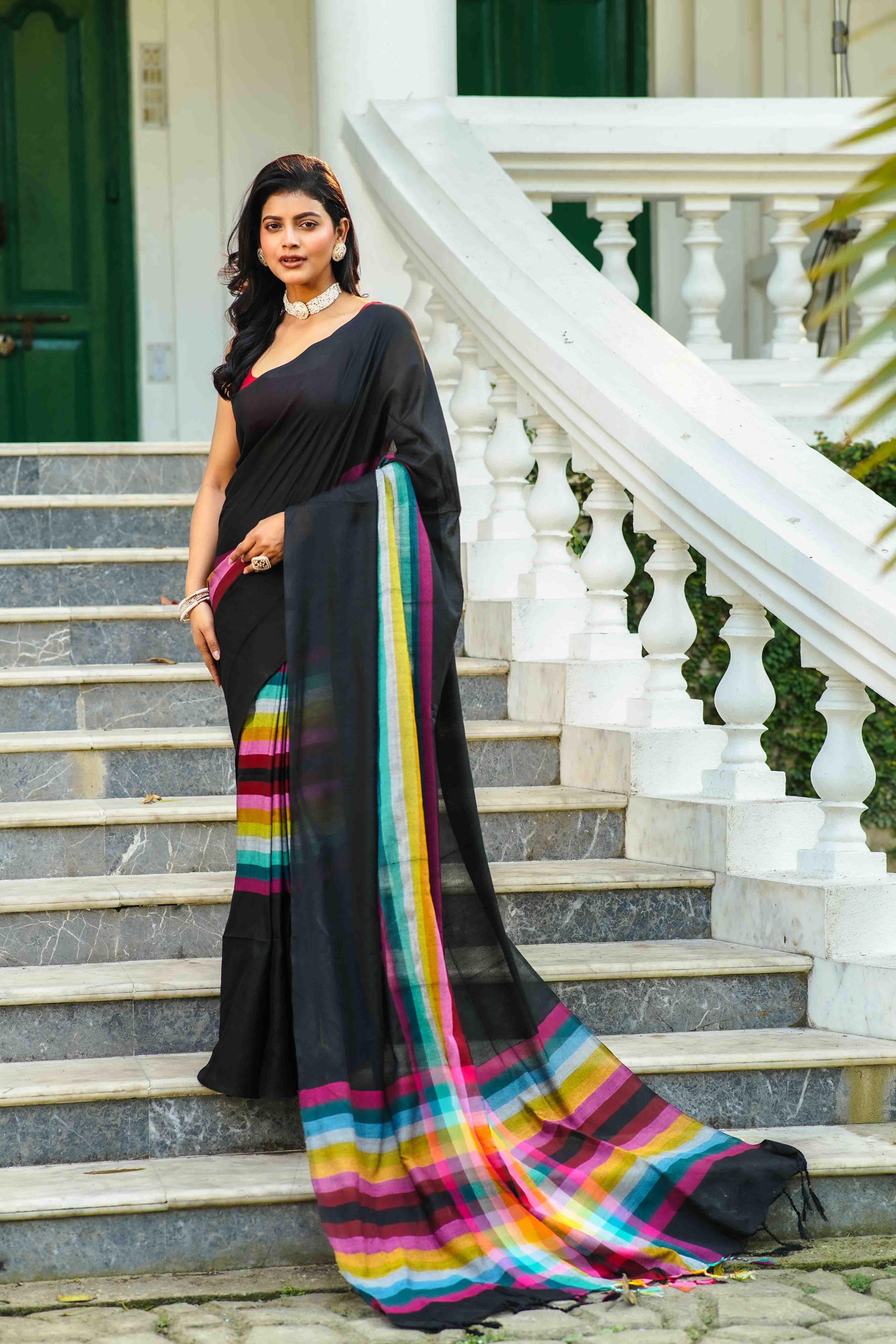 Black Multicolor Checks Cotton Saree Without Blouse Piece