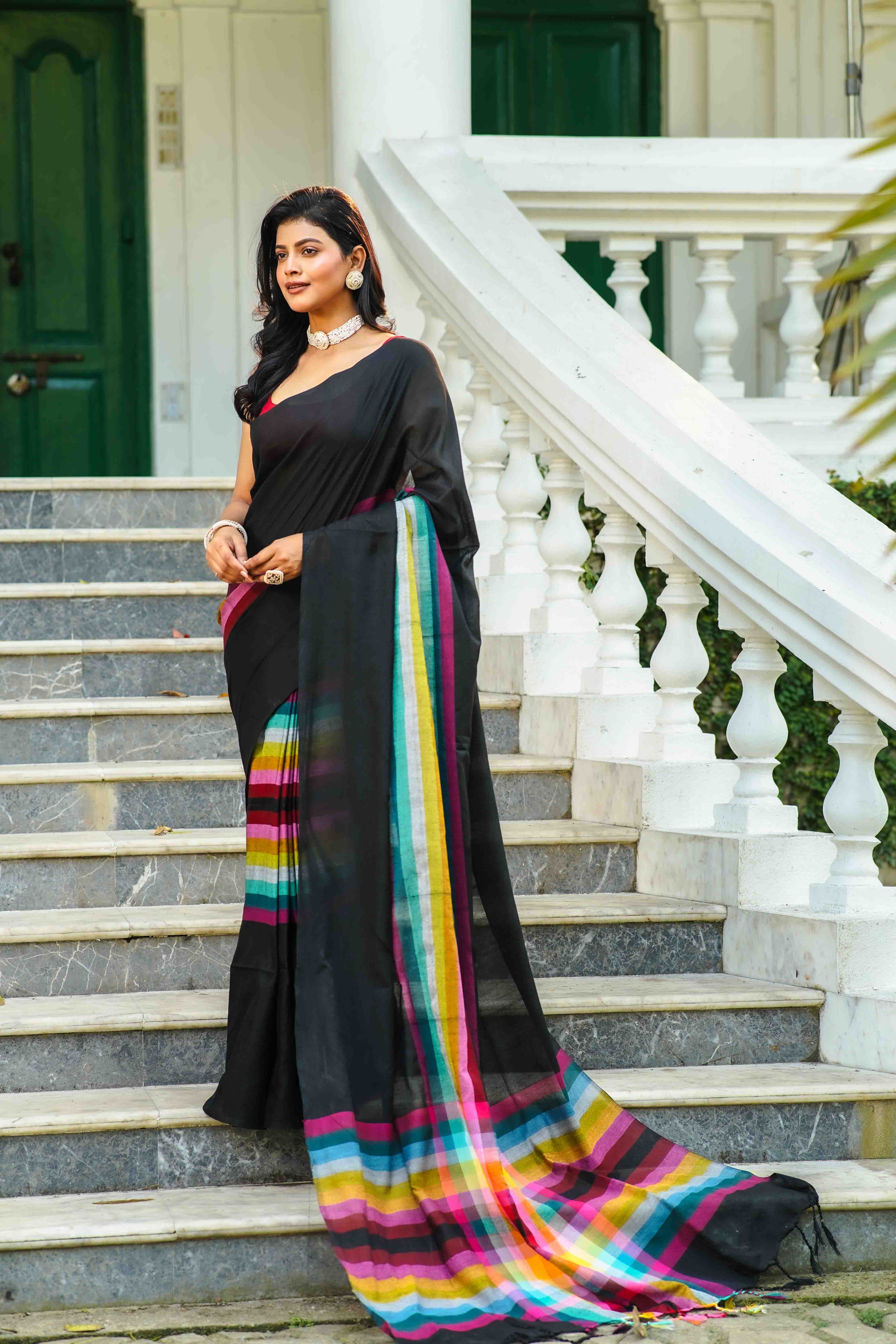Black Multicolor Checks Cotton Saree Without Blouse Piece