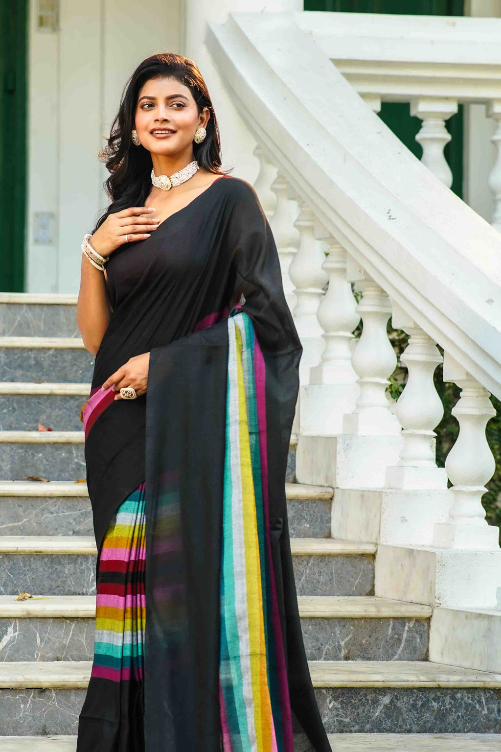 Black Multicolor Checks Cotton Saree Without Blouse Piece
