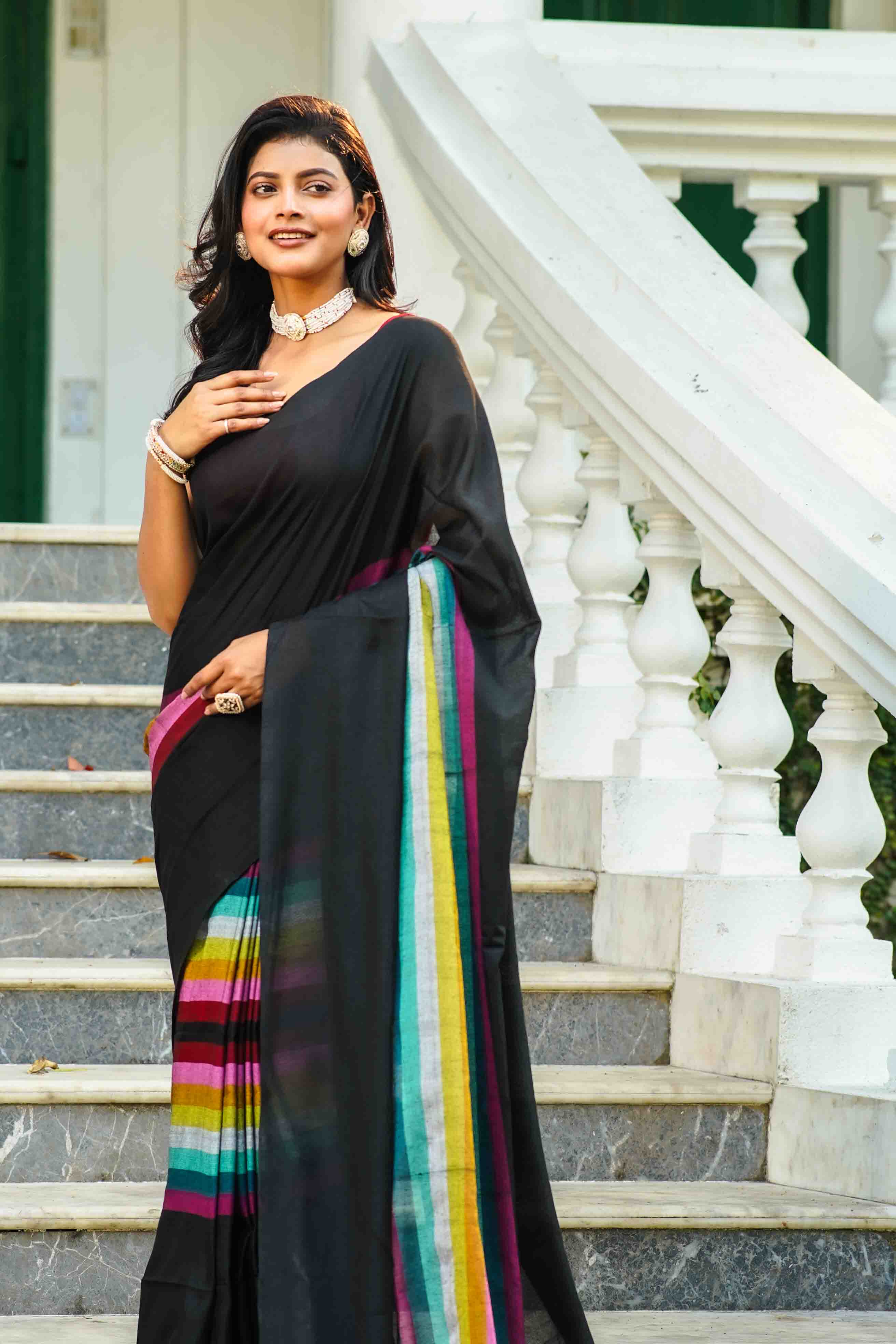 Black Multicolor Checks Cotton Saree Without Blouse Piece