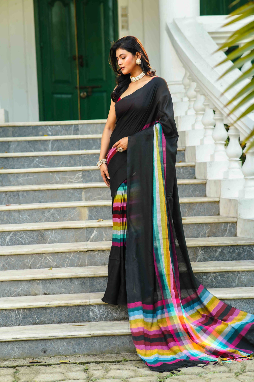 Black Multicolor Checks Cotton Saree Without Blouse Piece
