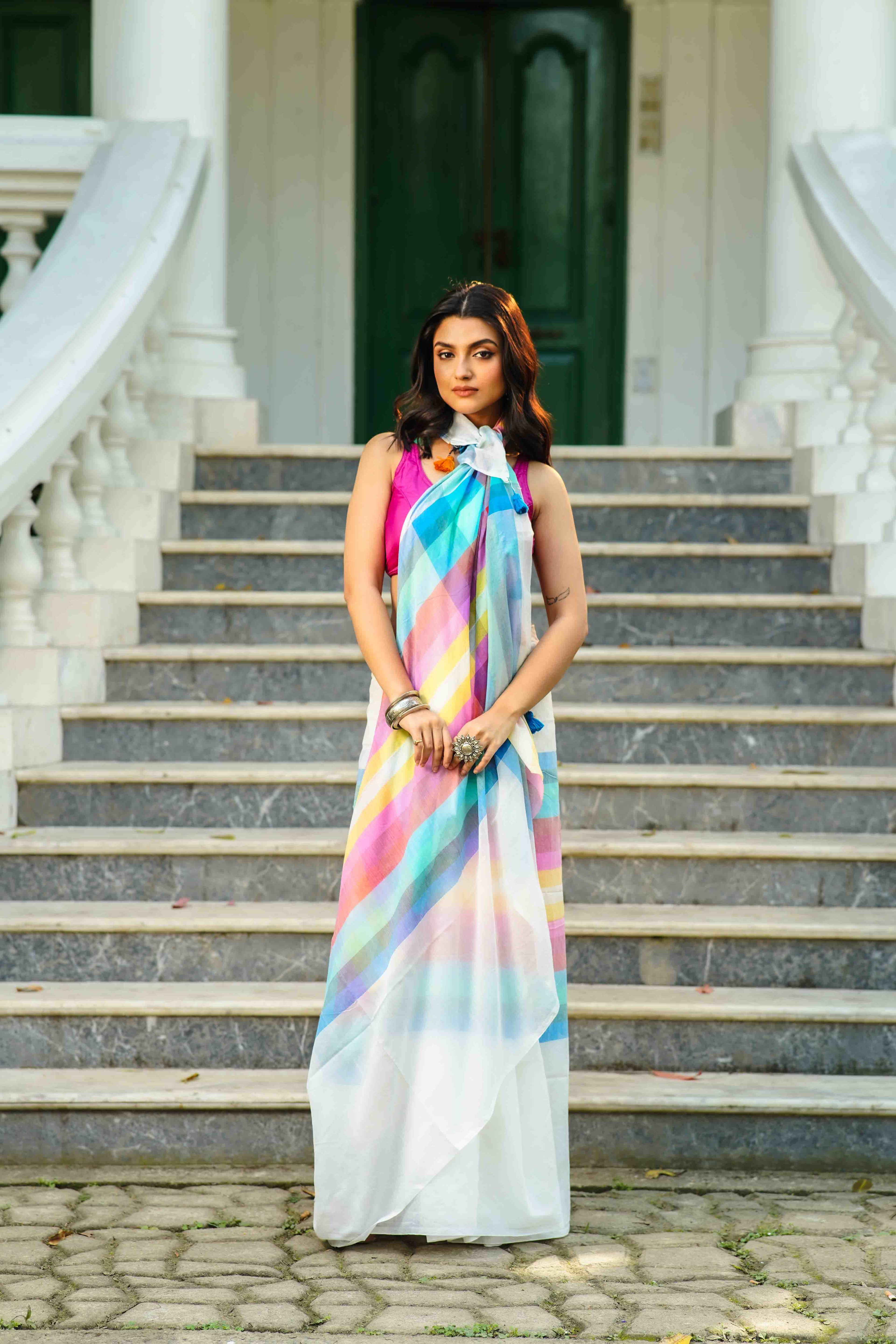 White Multicolor Checks Cotton Saree Without  Blouse Piece