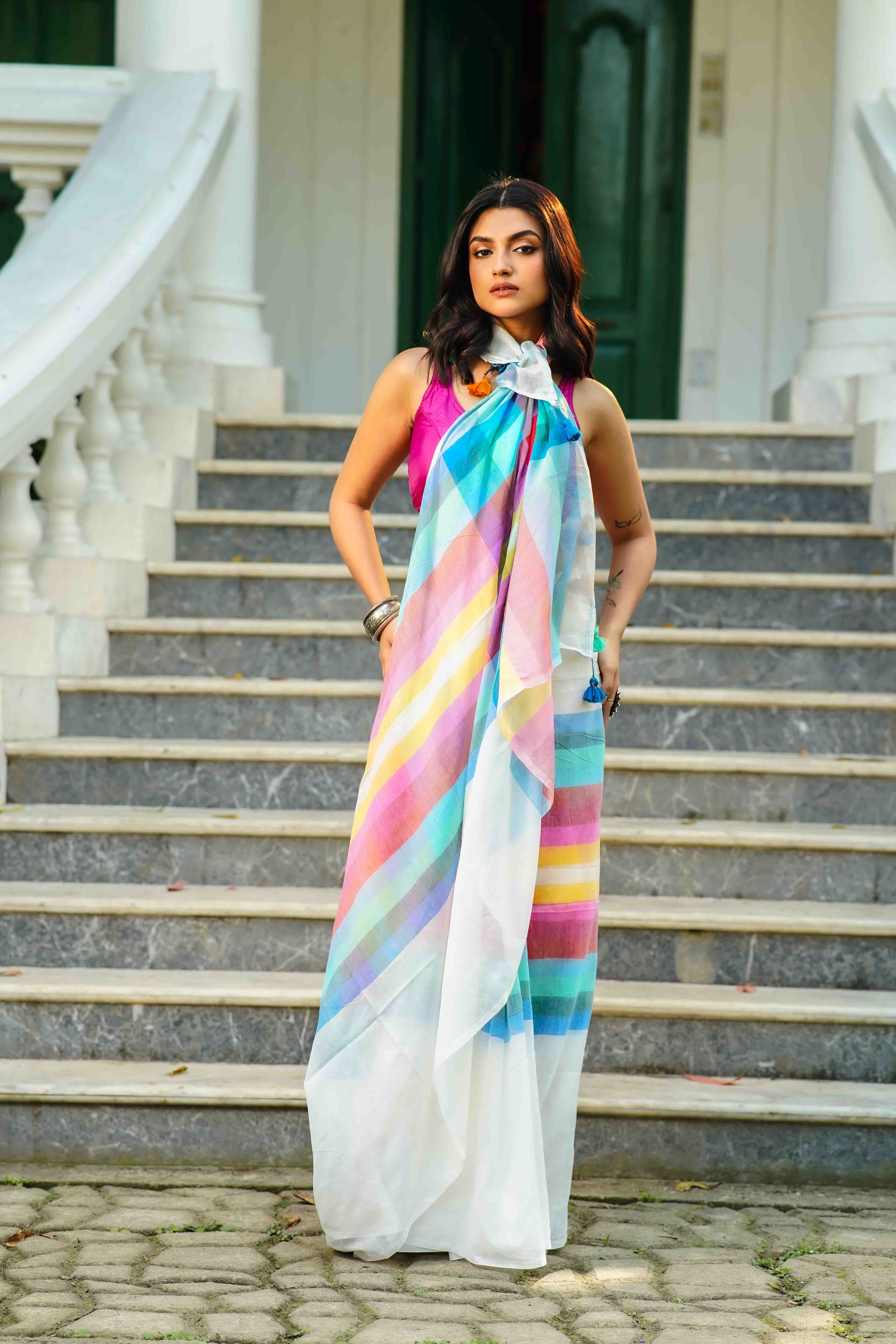 White Multicolor Checks Cotton Saree Without  Blouse Piece