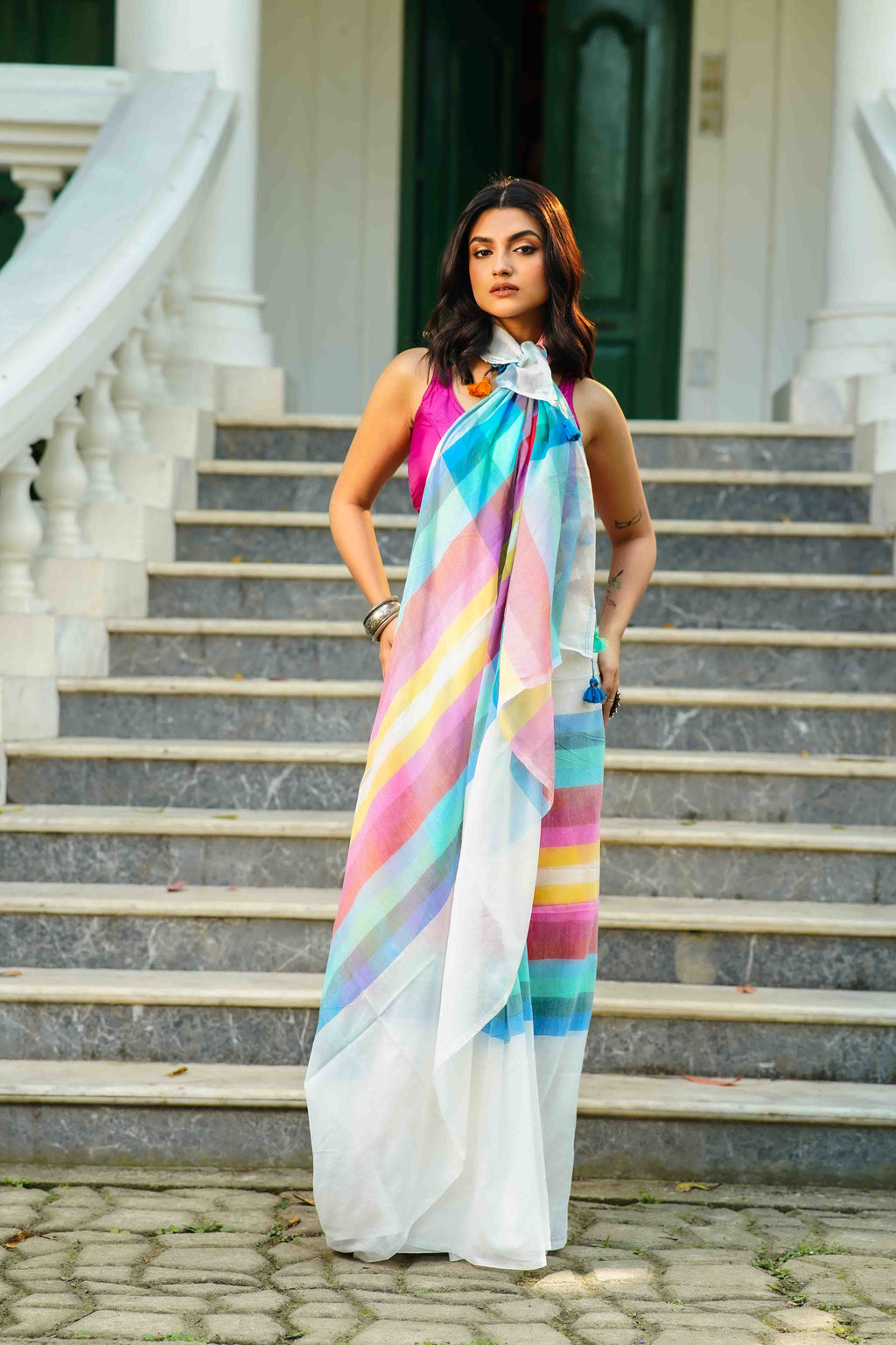White Multicolor Checks Cotton Saree Without  Blouse Piece