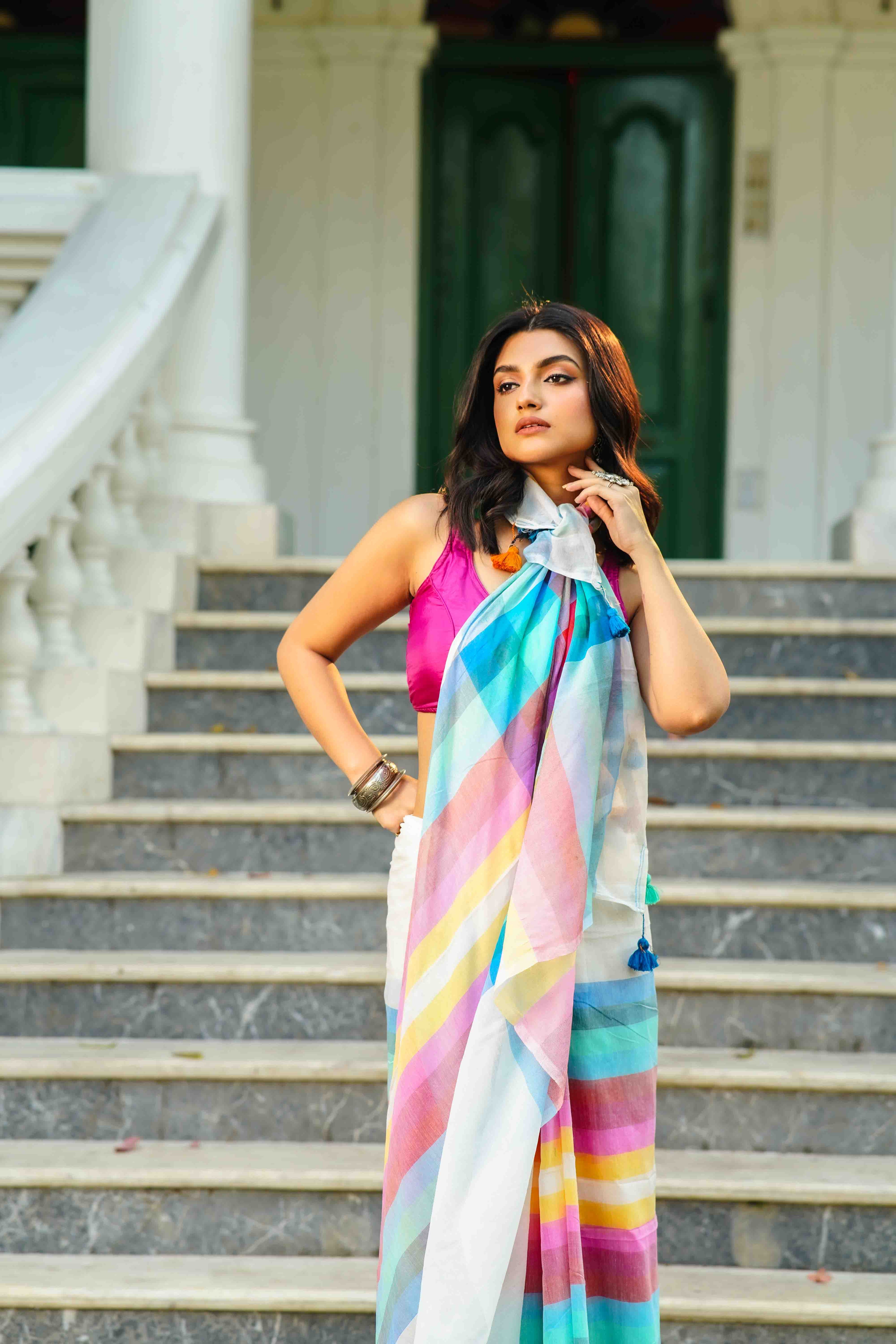 White Multicolor Checks Cotton Saree Without  Blouse Piece