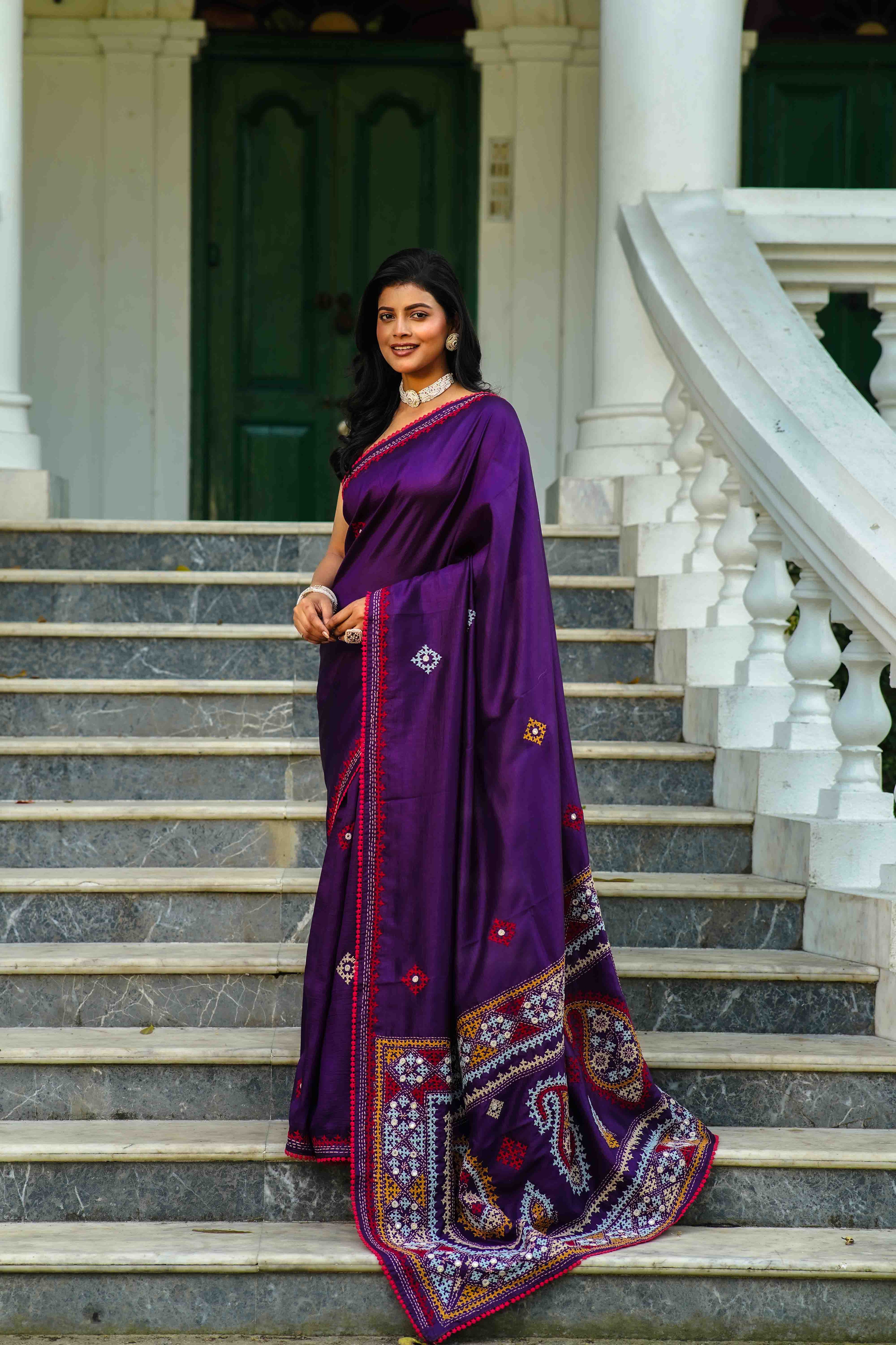 Purple Blended Silk Gujarati Saree With Blouse Piece