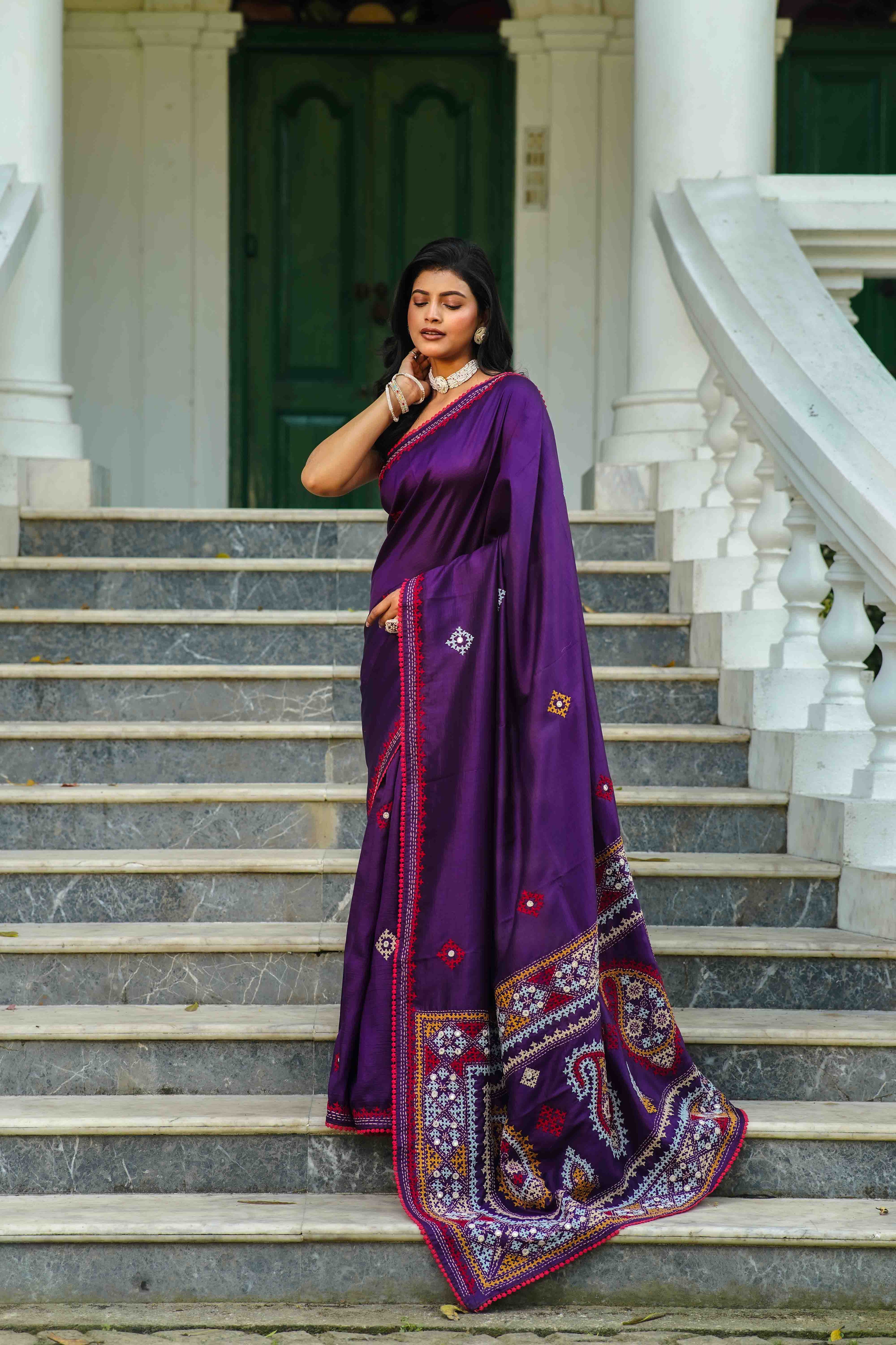 Purple Blended Silk Gujarati Saree With Blouse Piece