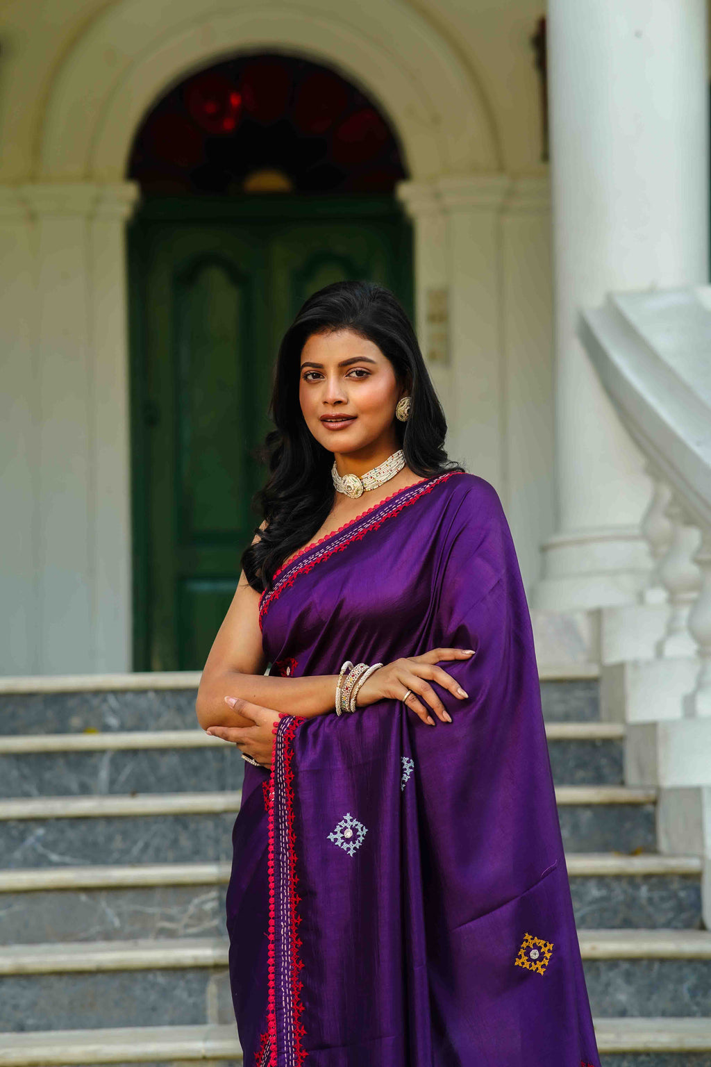 Purple Blended Silk Gujarati Saree With Blouse Piece