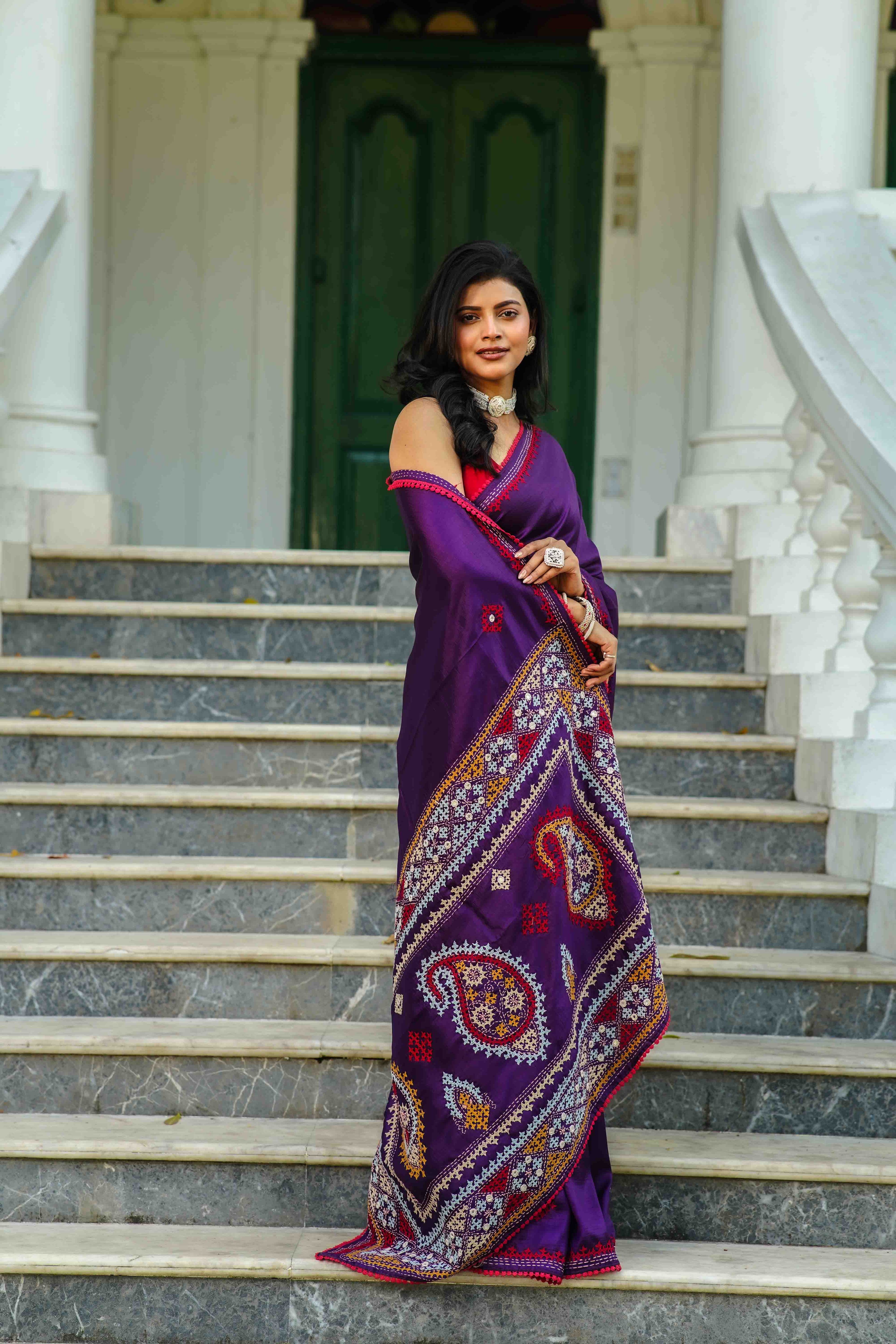 Purple Blended Silk Gujarati Saree With Blouse Piece