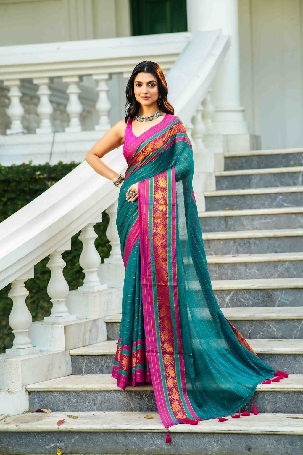 Peacock Blue Cotton Saree Without Blouse Piece