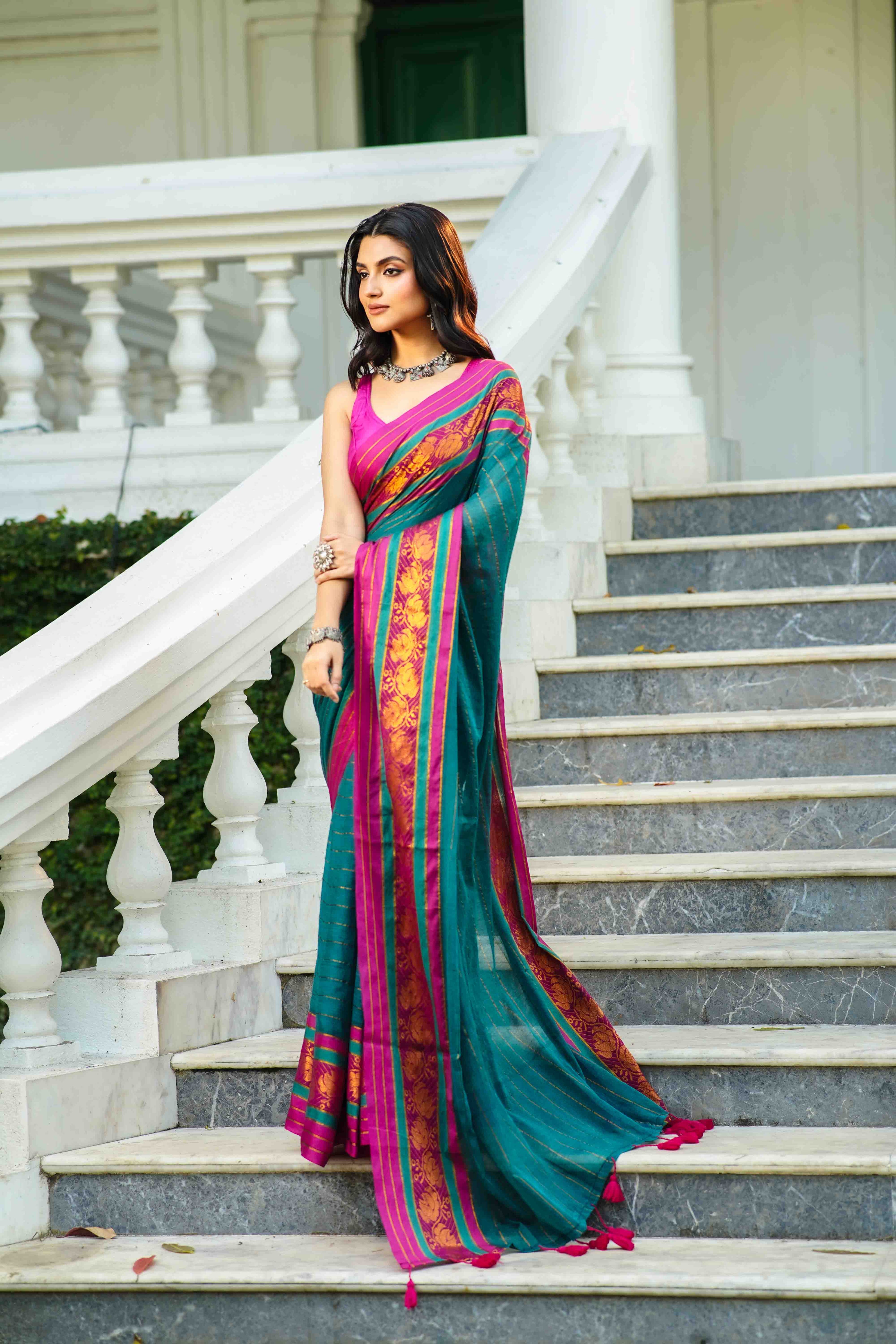 Peacock Blue Cotton Saree Without Blouse Piece