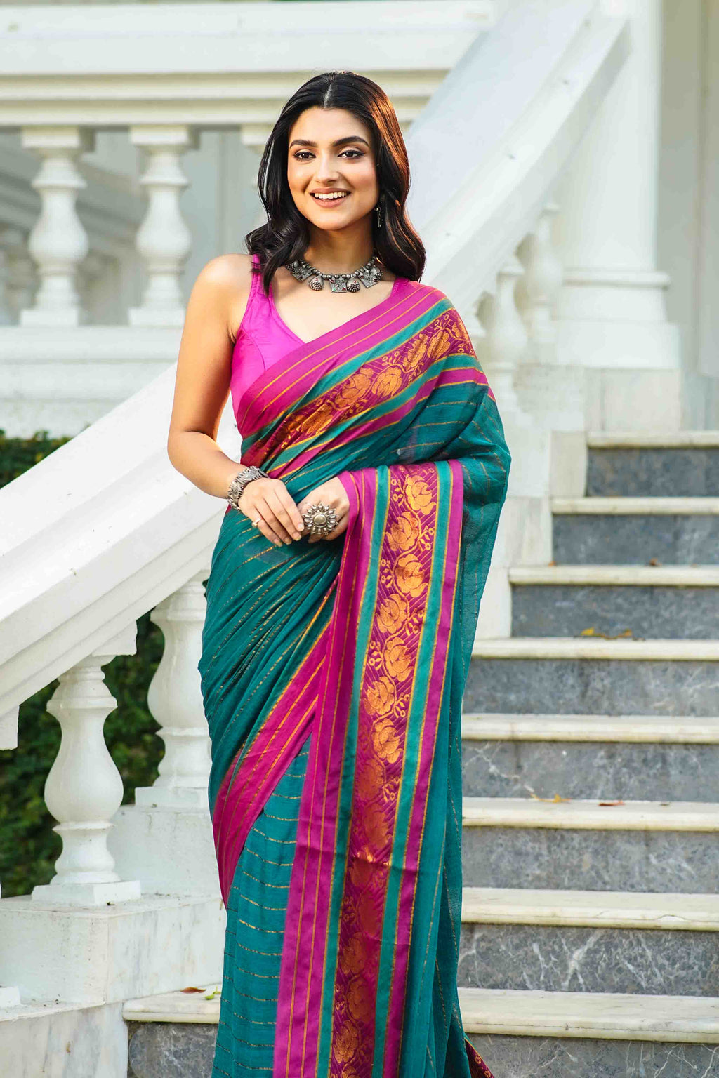 Peacock Blue Cotton Saree Without Blouse Piece
