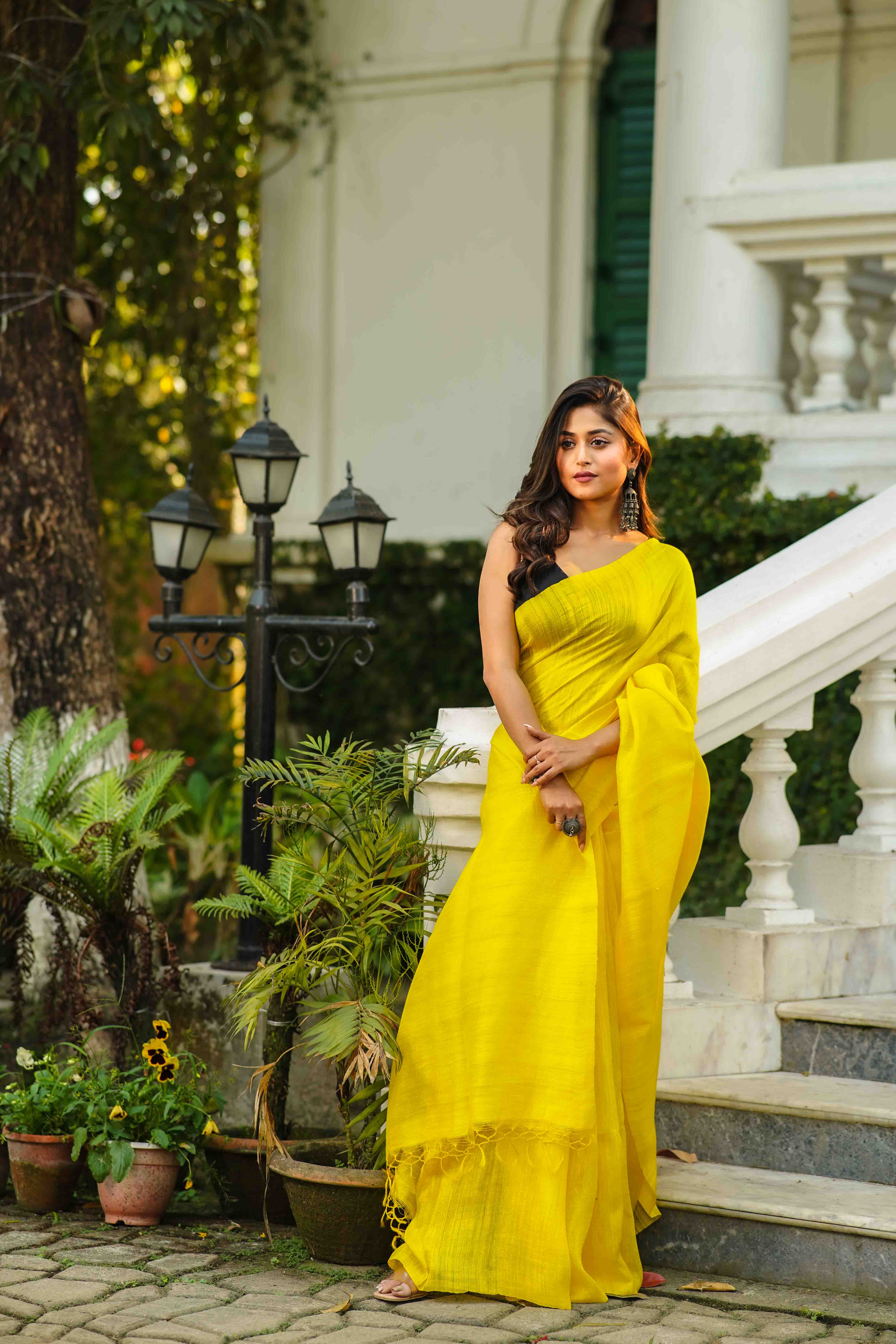 Basanti Yellow Matka Silk Saree With Blouse Piece