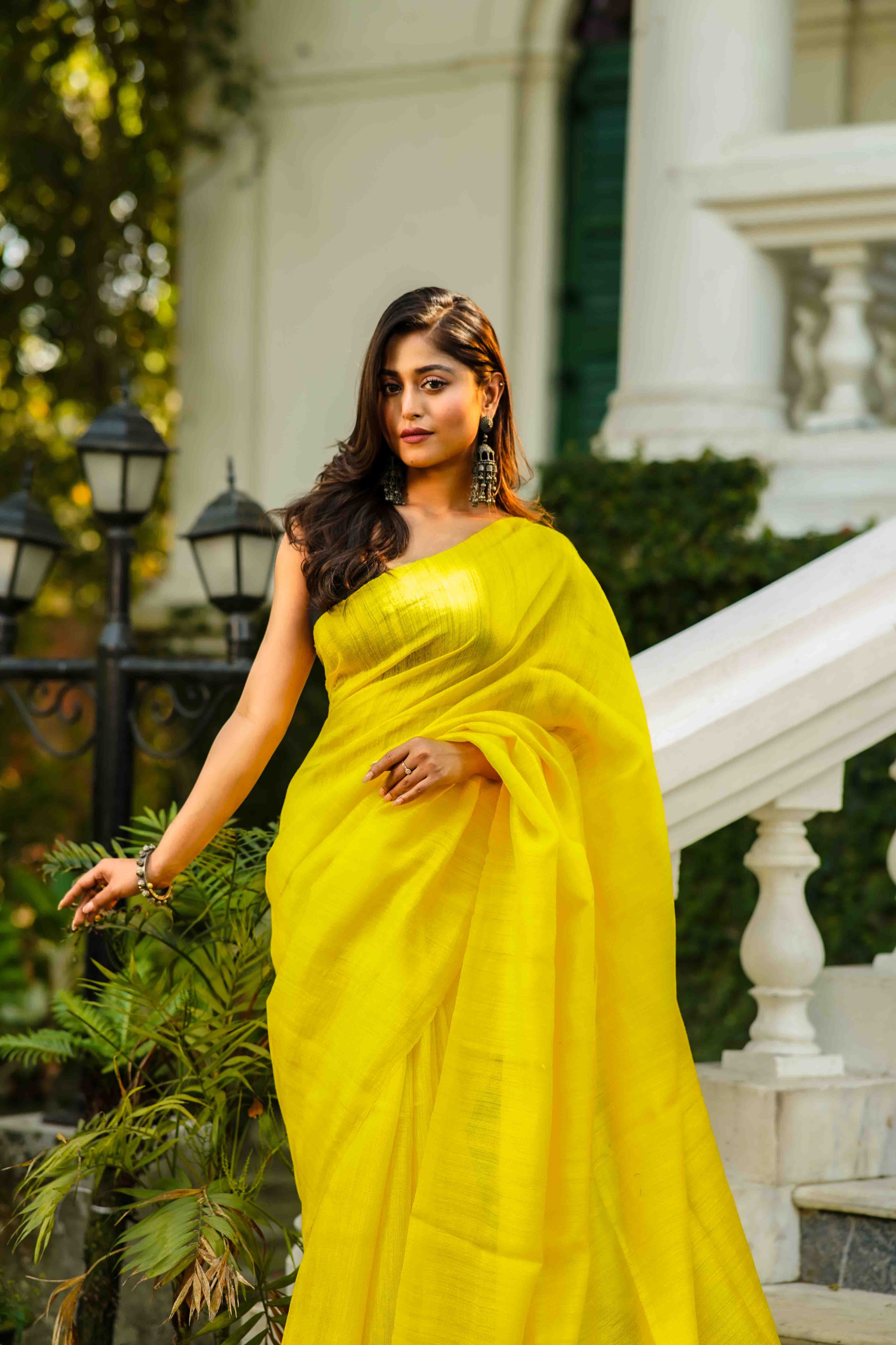 Basanti Yellow Matka Silk Saree With Blouse Piece