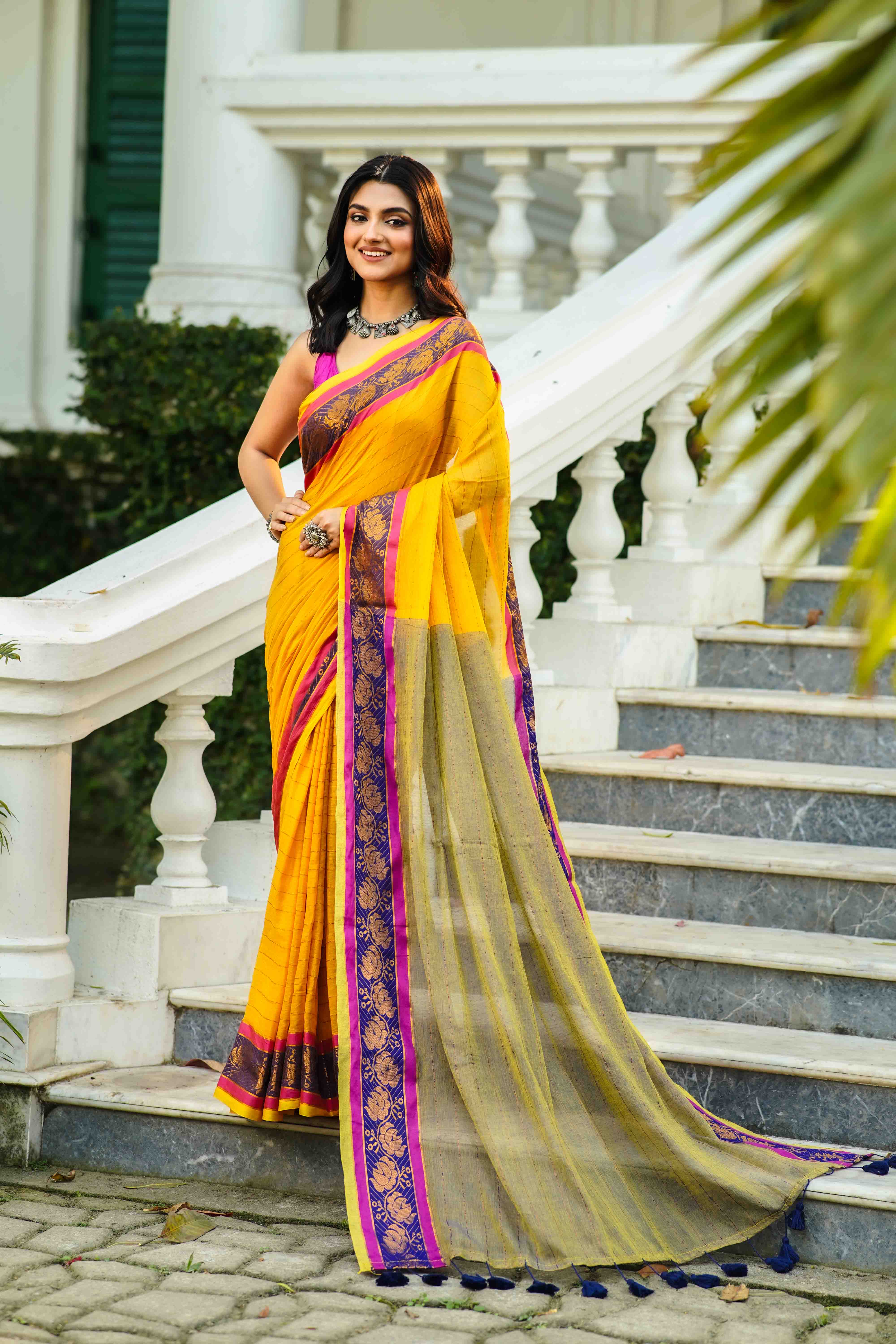 Mustard Yellow Cotton Saree Without Blouse Piece