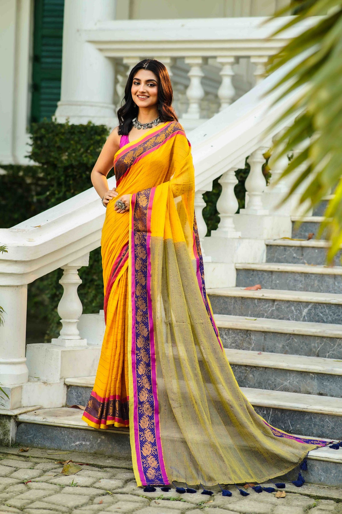 Mustard Yellow Cotton Saree Without Blouse Piece