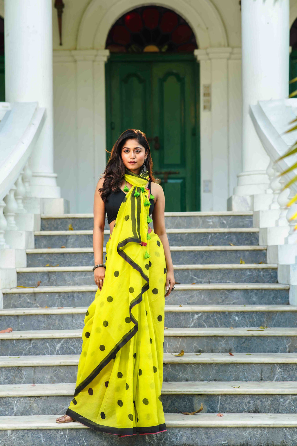Parrot Green Cotton Saree With Blouse Piece