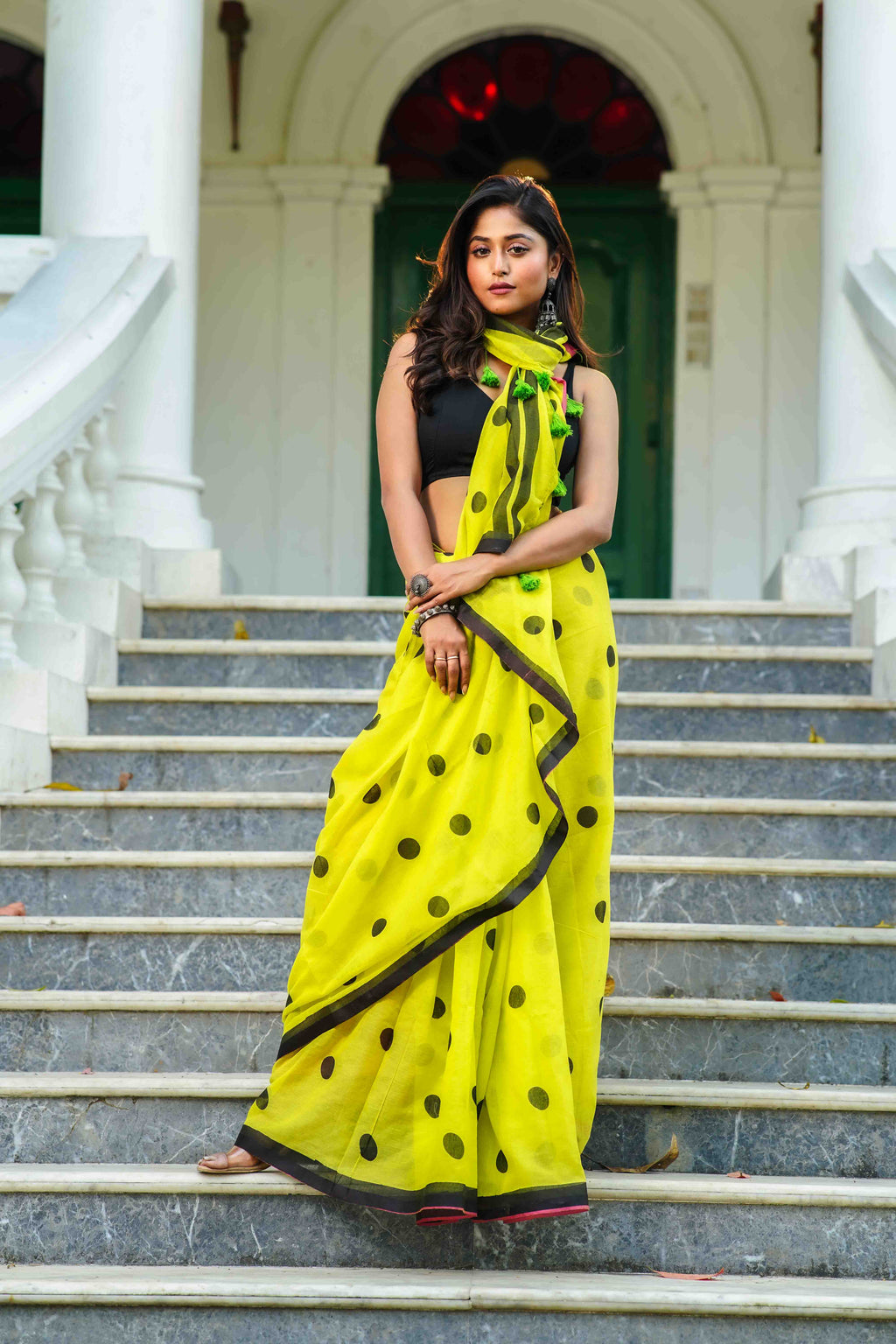 Parrot Green Cotton Saree With Blouse Piece
