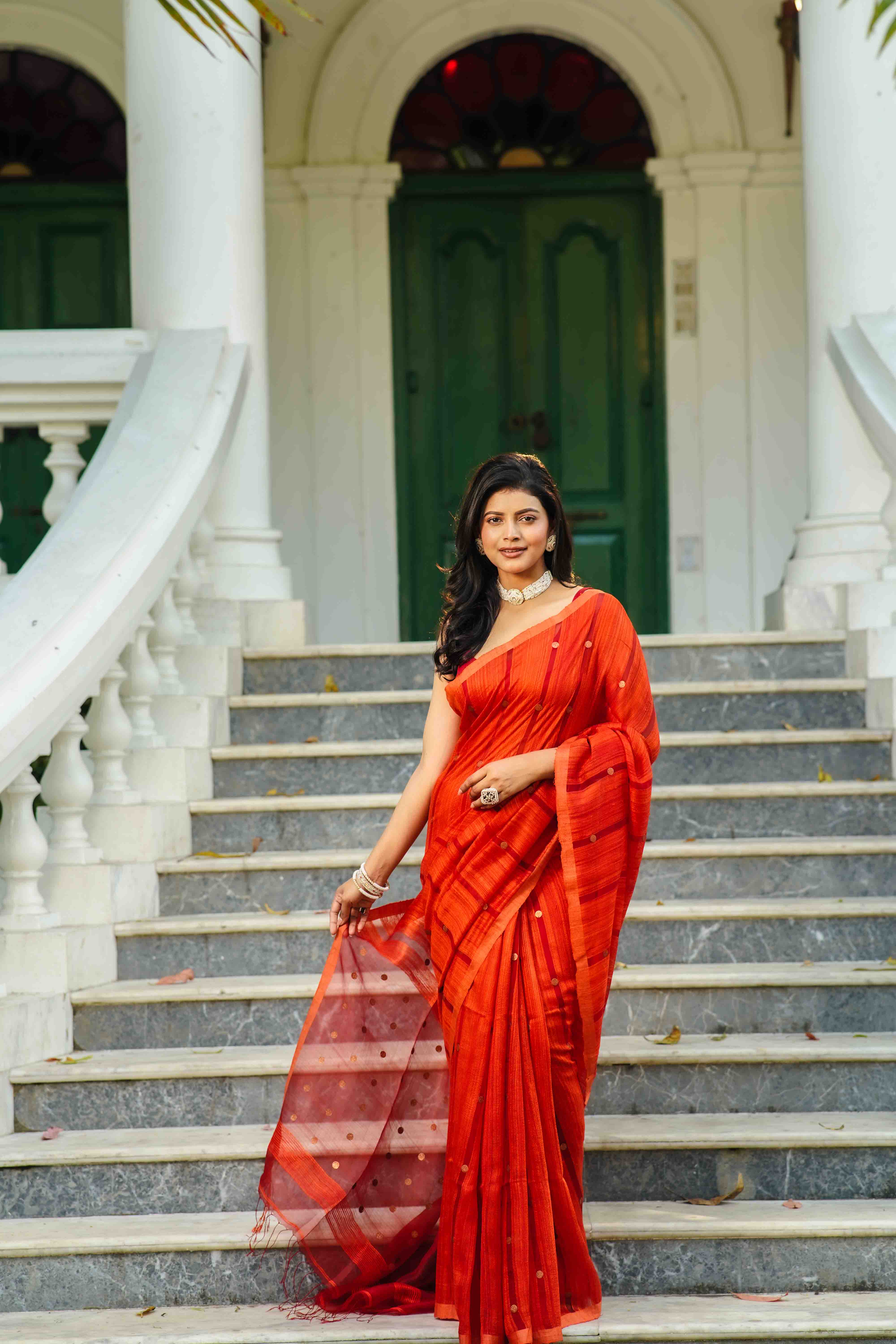 Reddish Rust Matka Saree With Blouse Piece
