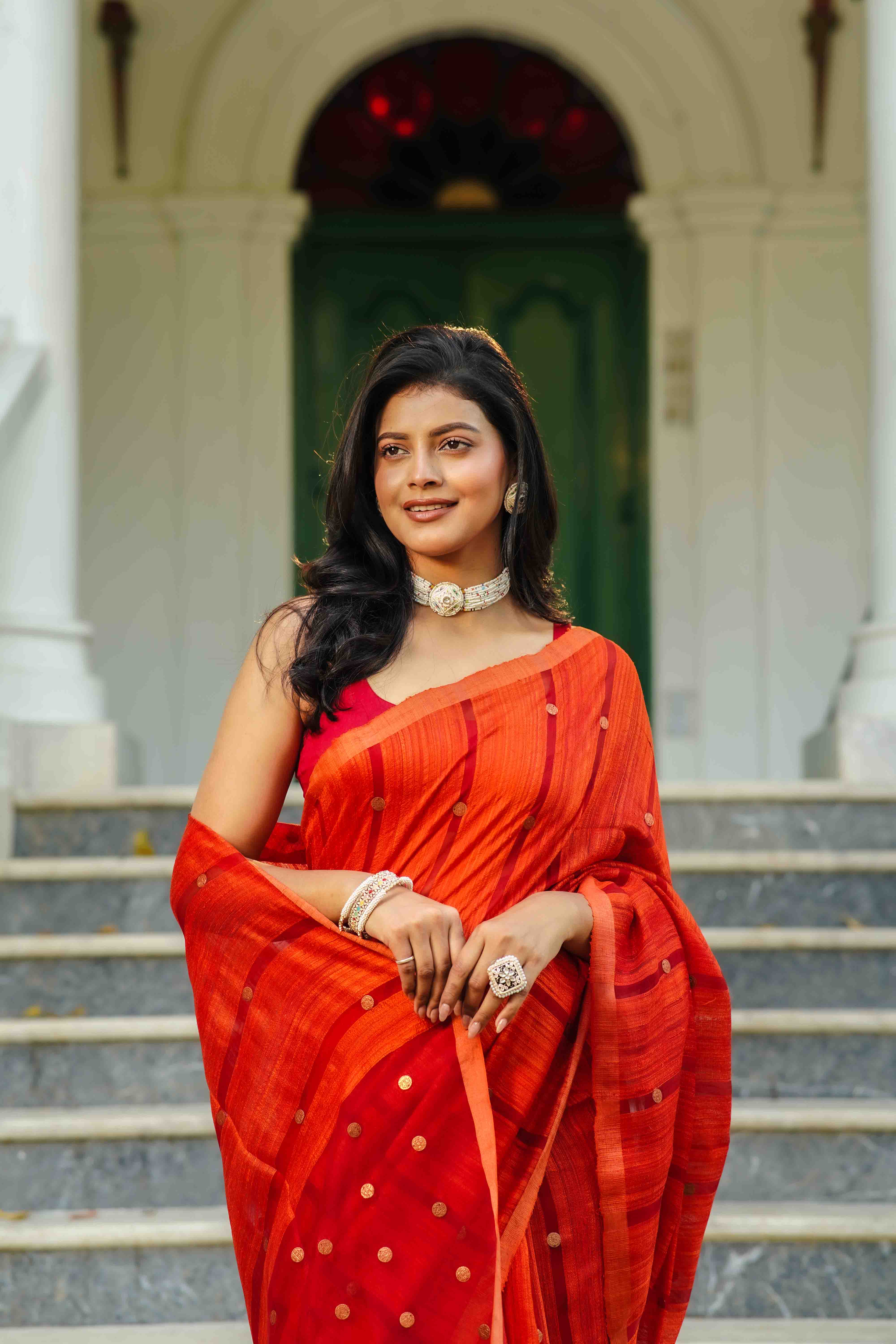 Reddish Rust Matka Saree With Blouse Piece