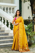 Yellow Blended Silk Gujarati Saree With Blouse Piece