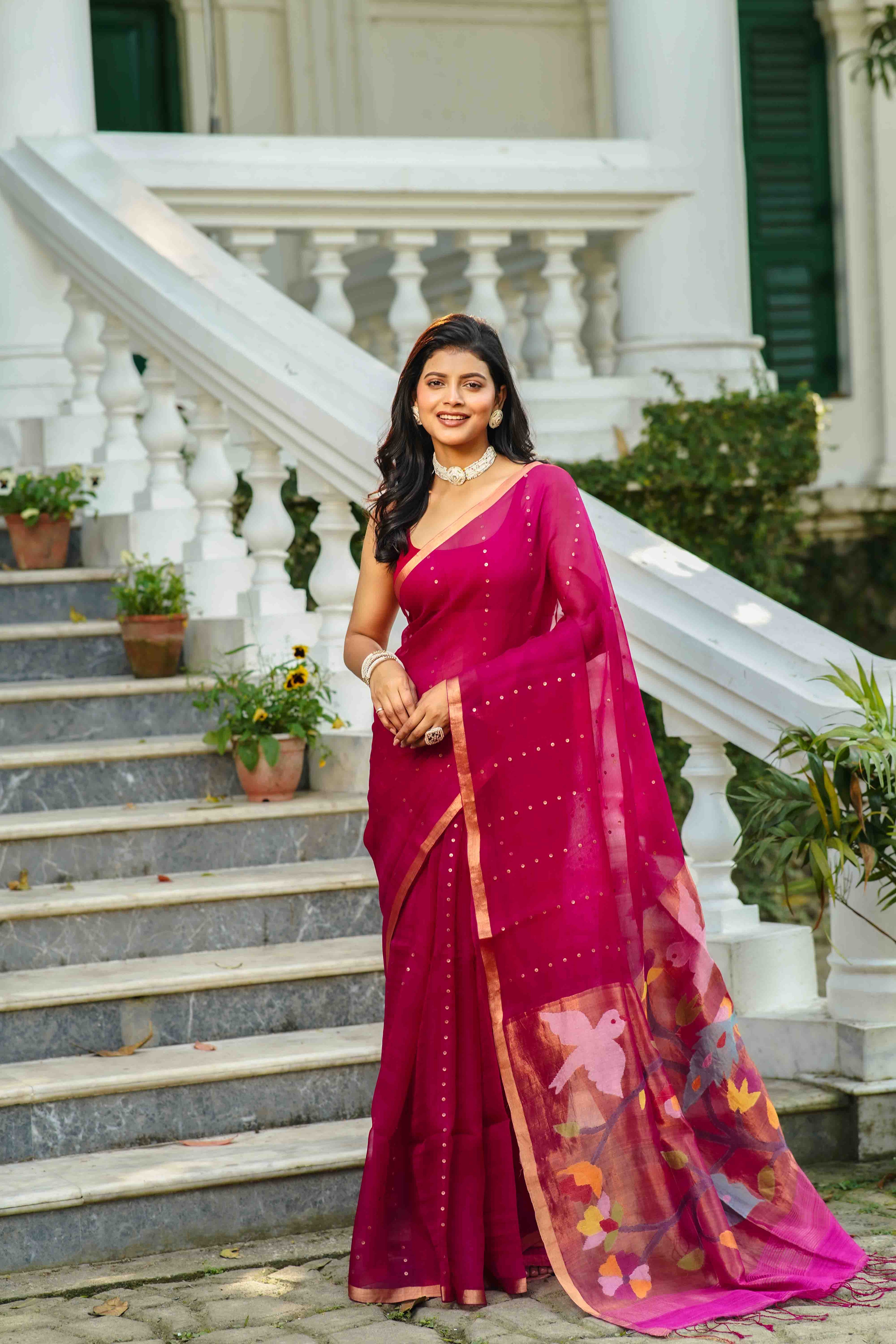 Rani Muslin Saree With Blouse Piece