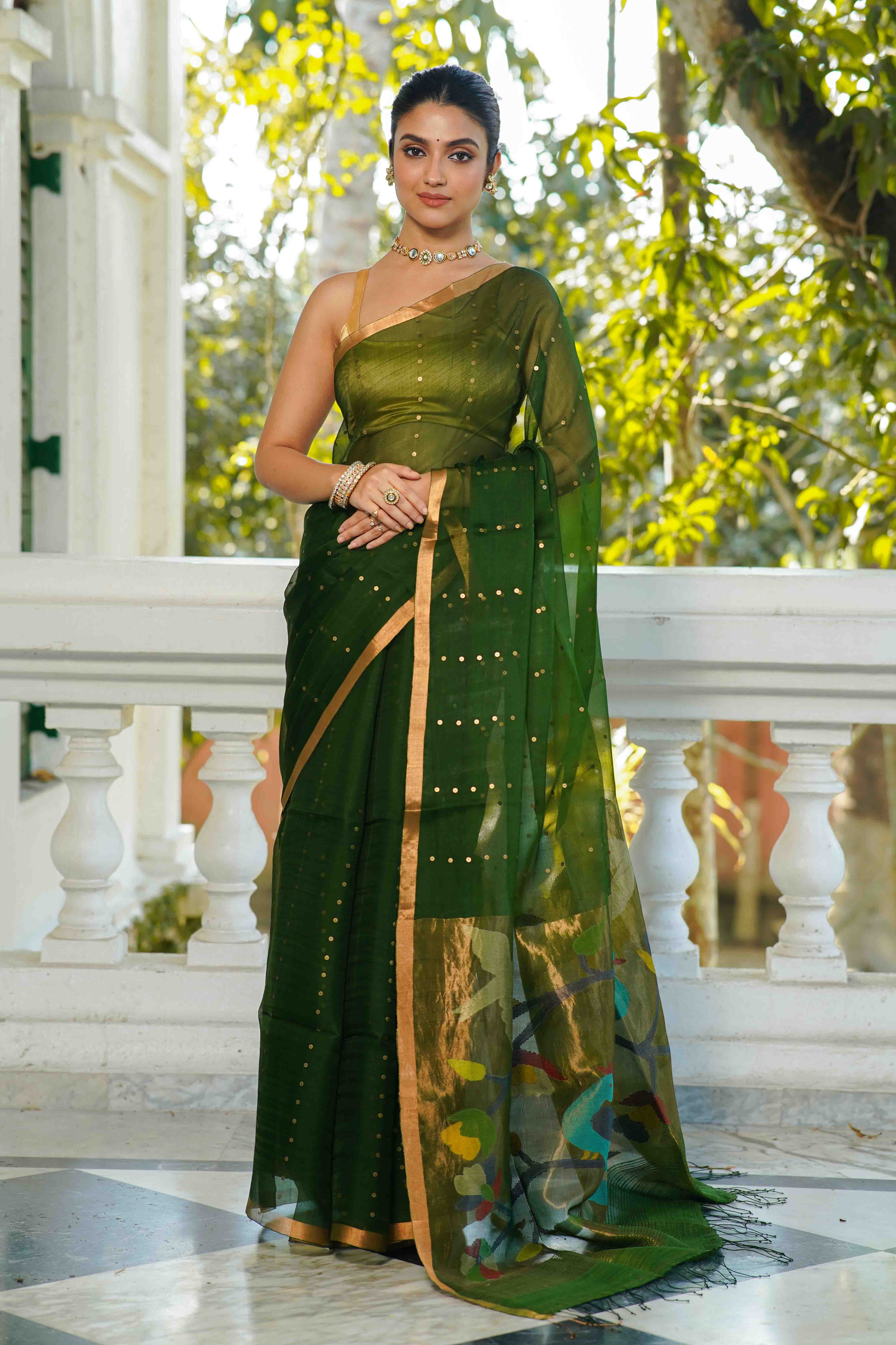 Moss Green Muslin Saree With Blouse Piece