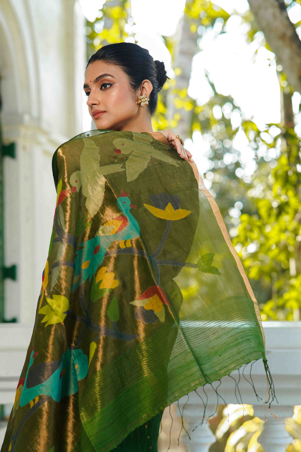 Moss Green Muslin Saree With Blouse Piece