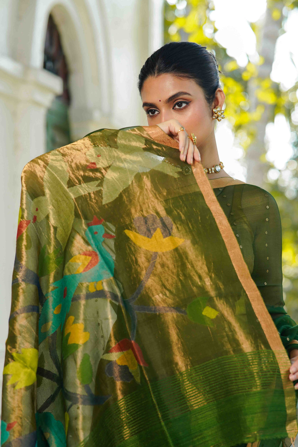 Moss Green Muslin Saree With Blouse Piece