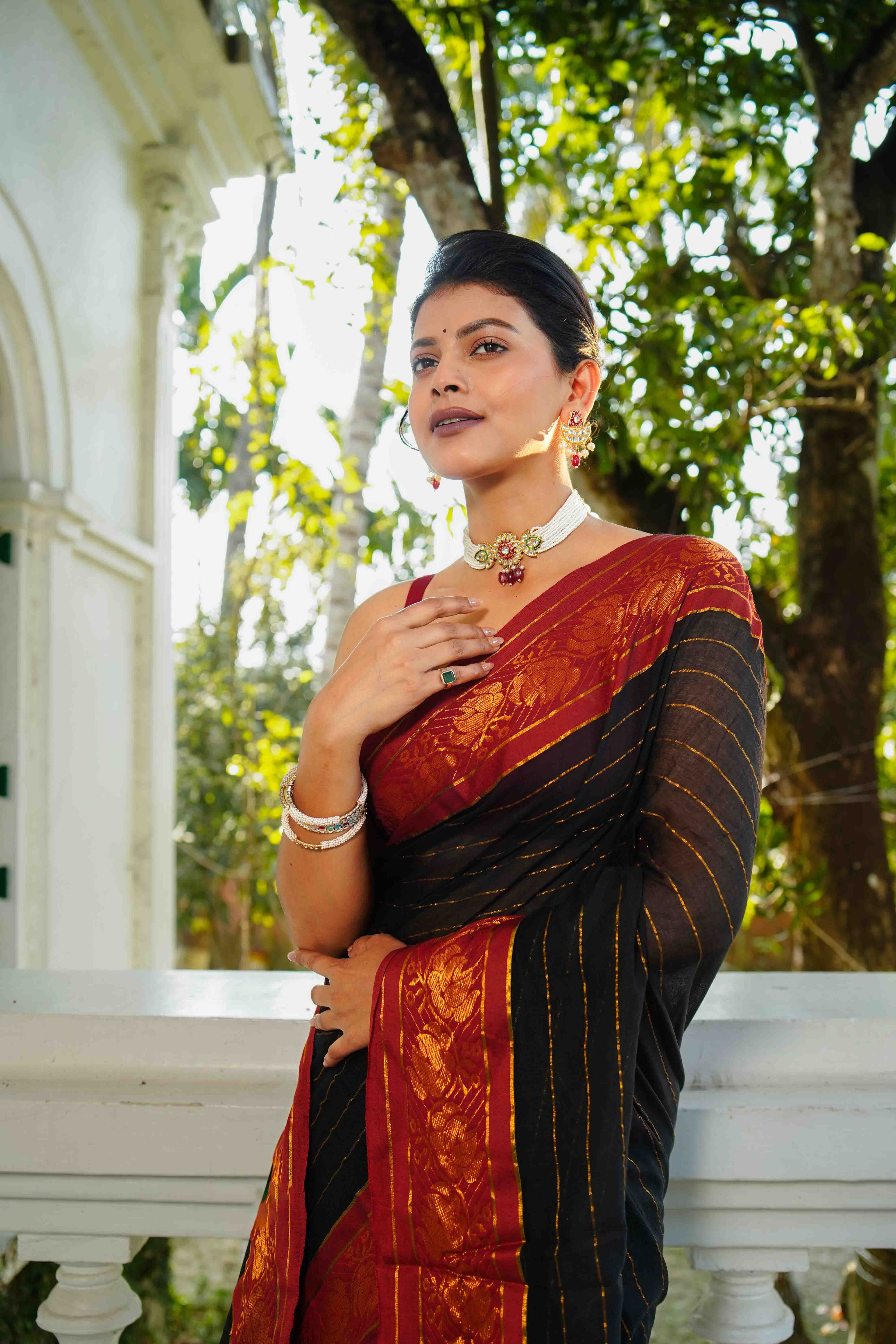 Black Cotton Saree Without Blouse Piece