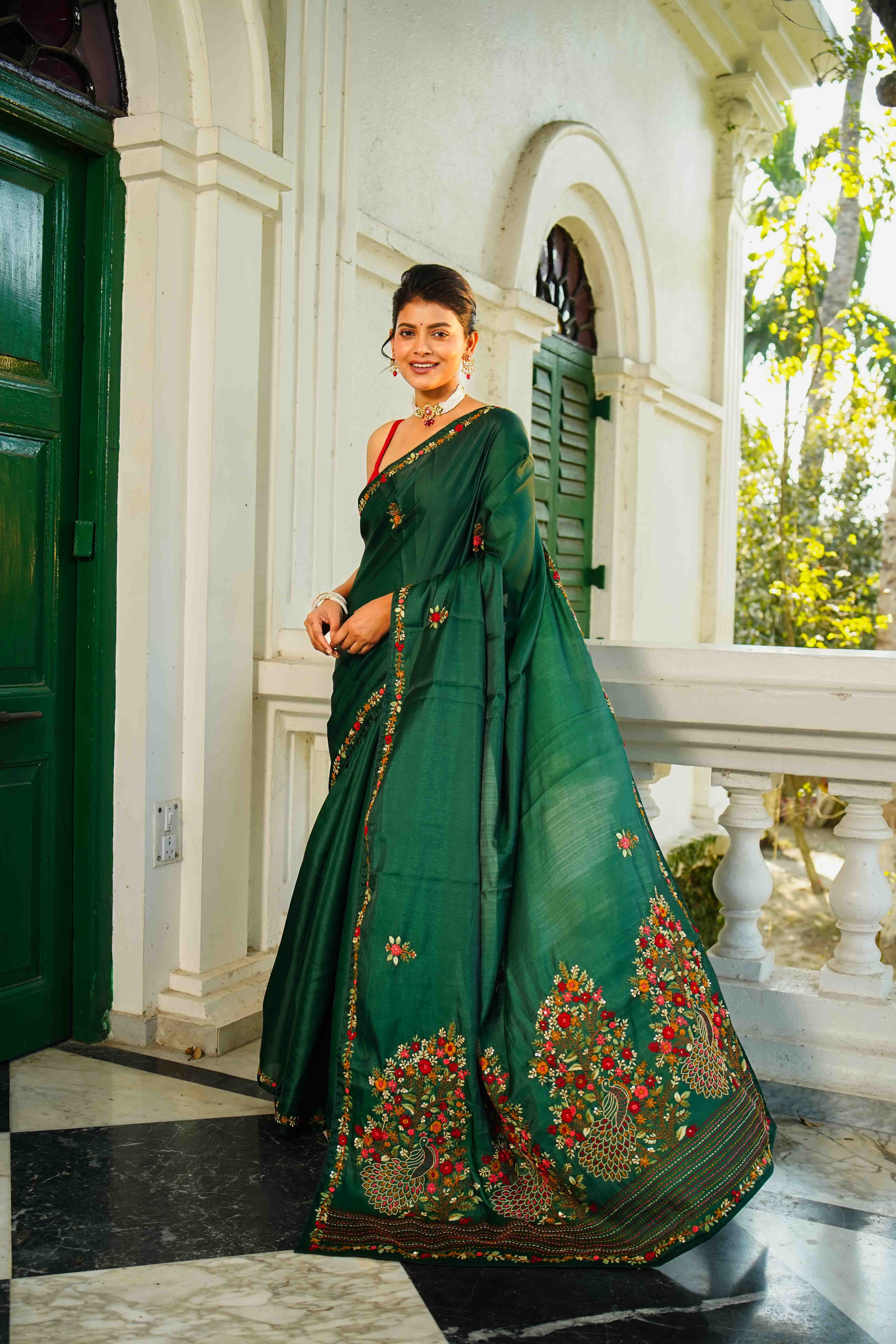 Bottle Green Blended Silk Semi Silk Saree With Blouse Piece