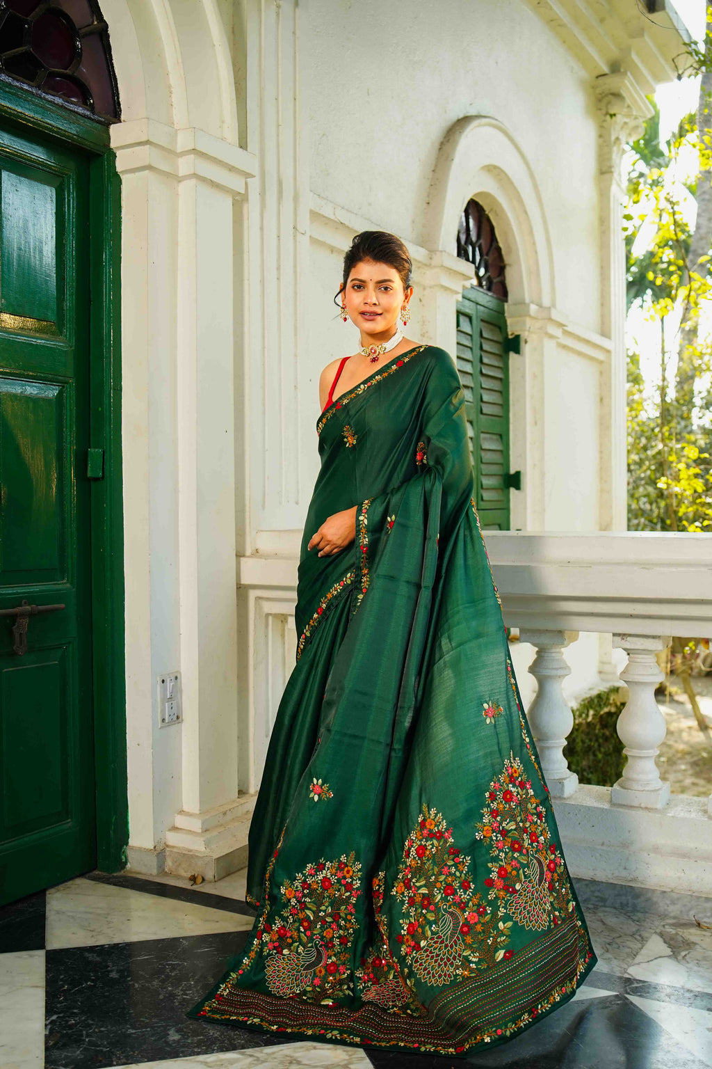 Bottle Green Blended Silk Semi Silk Saree With Blouse Piece