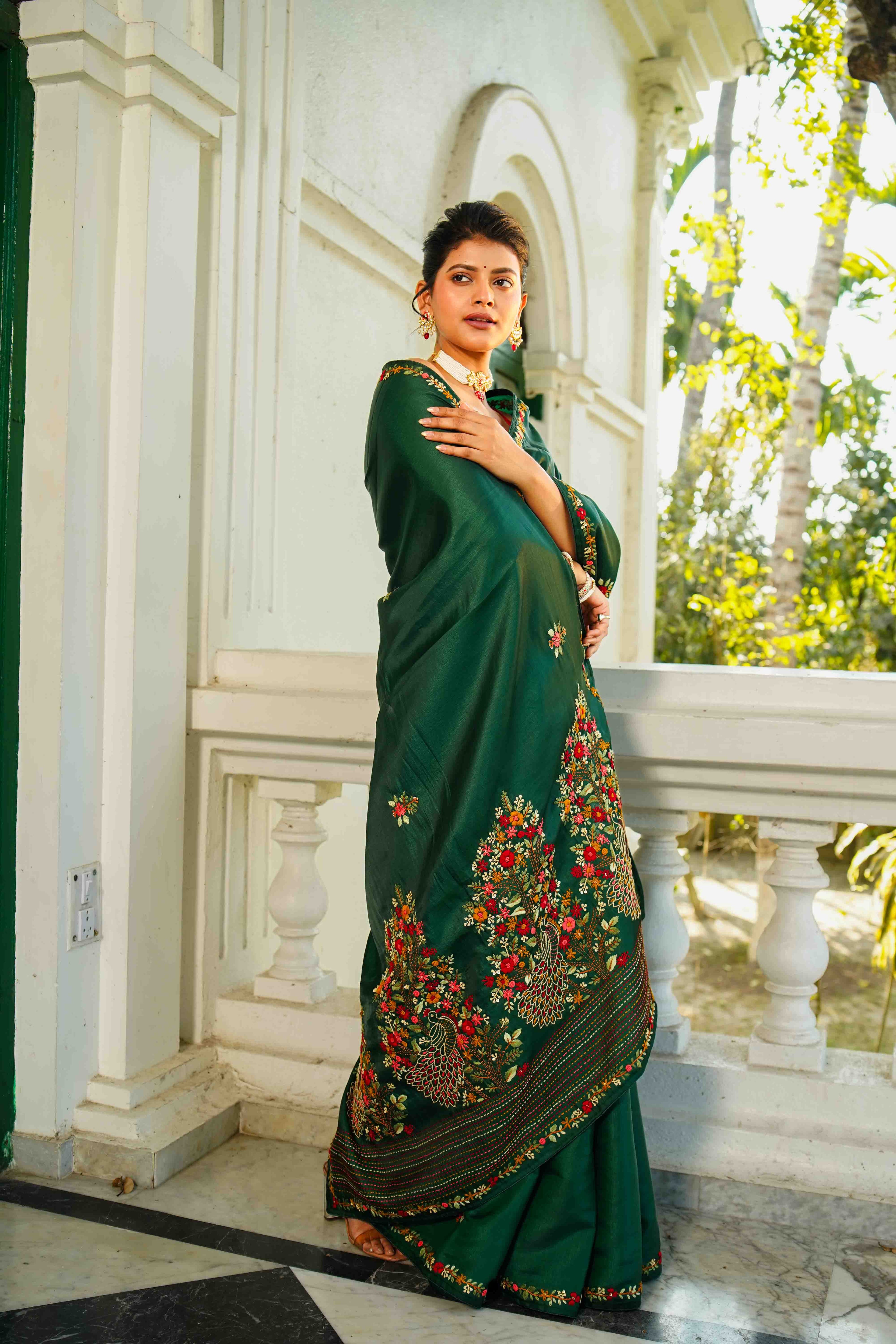 Bottle Green Blended Silk Semi Silk Saree With Blouse Piece