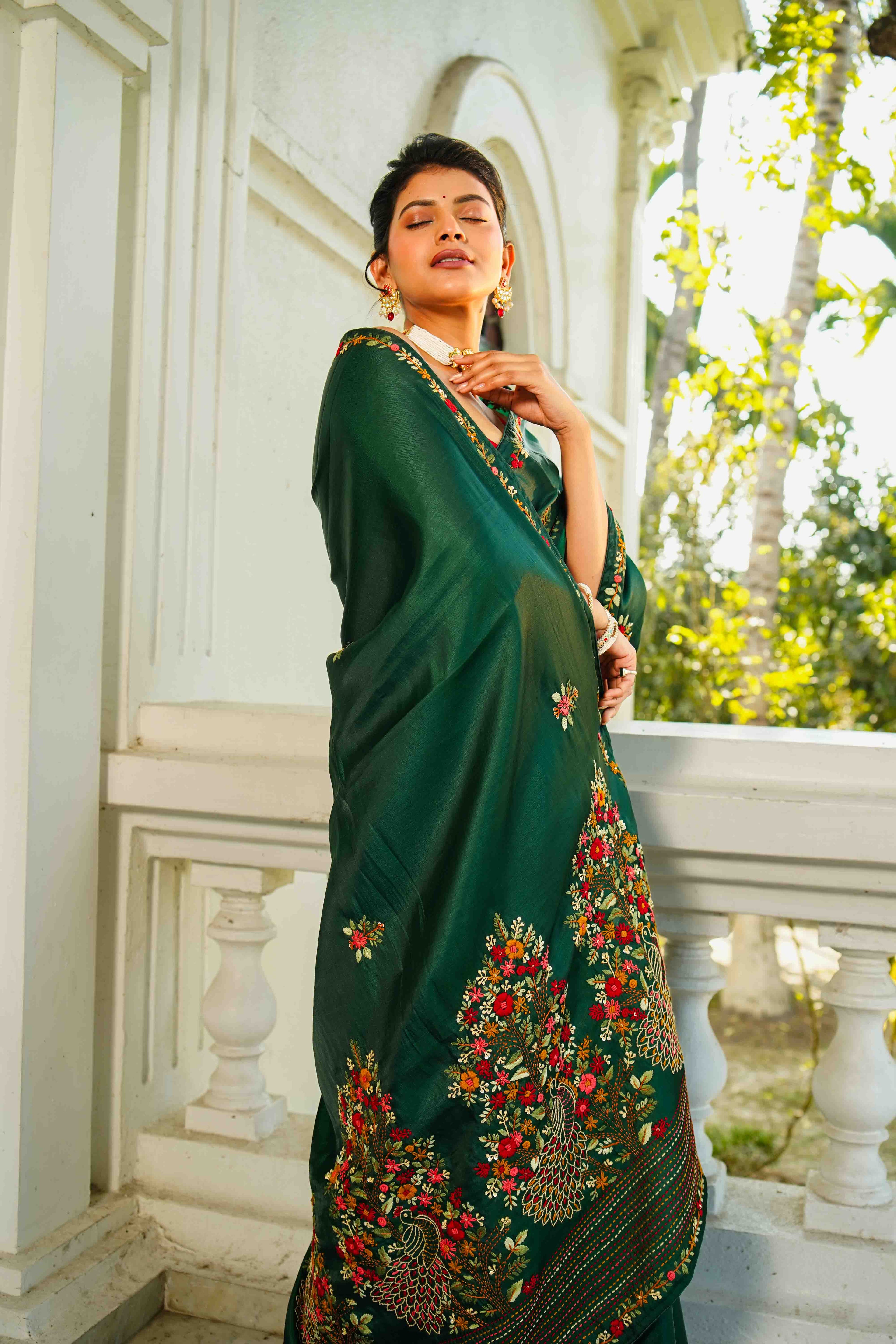 Bottle Green Blended Silk Semi Silk Saree With Blouse Piece