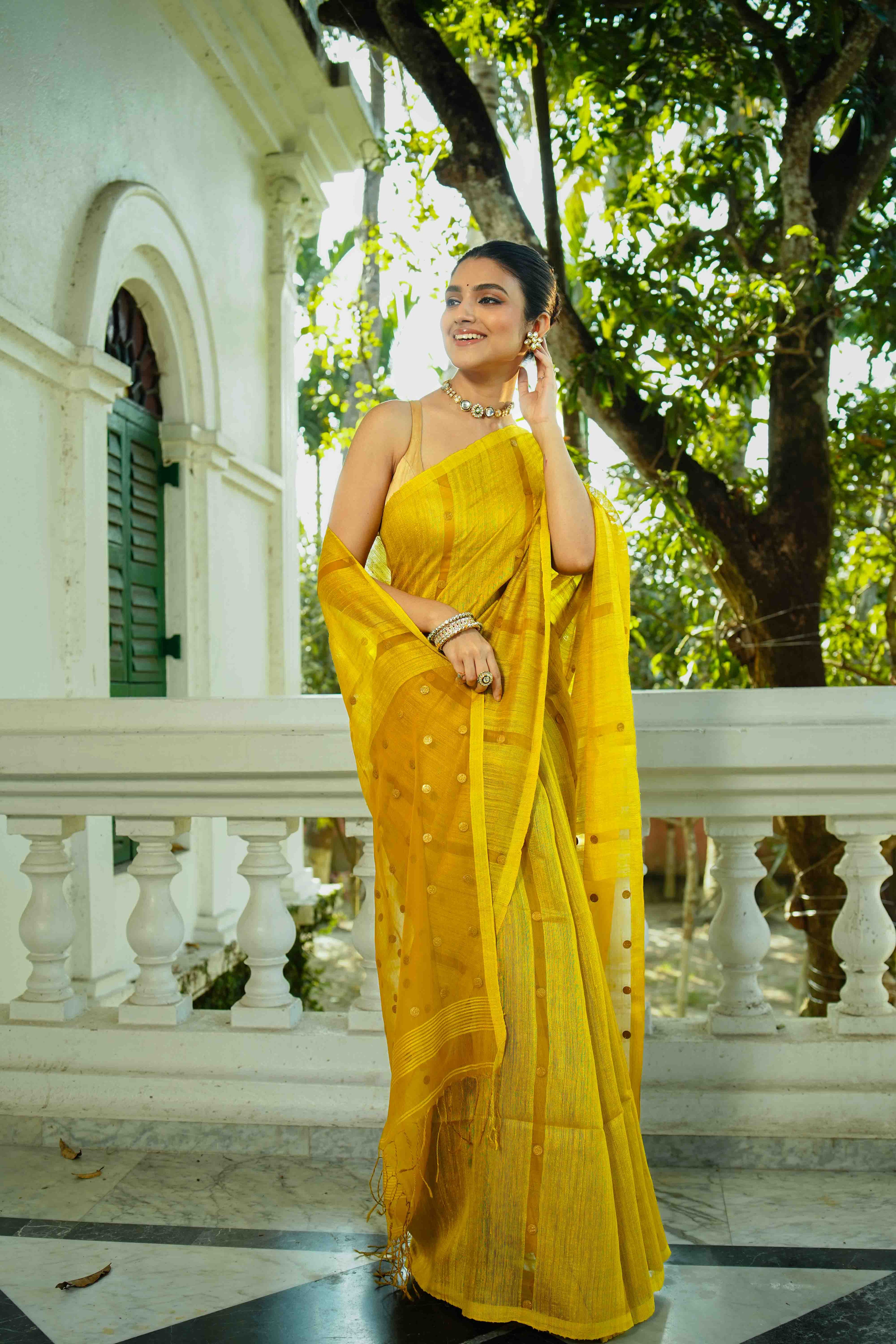 Mustard Yellow Matka Saree With Blouse Piece