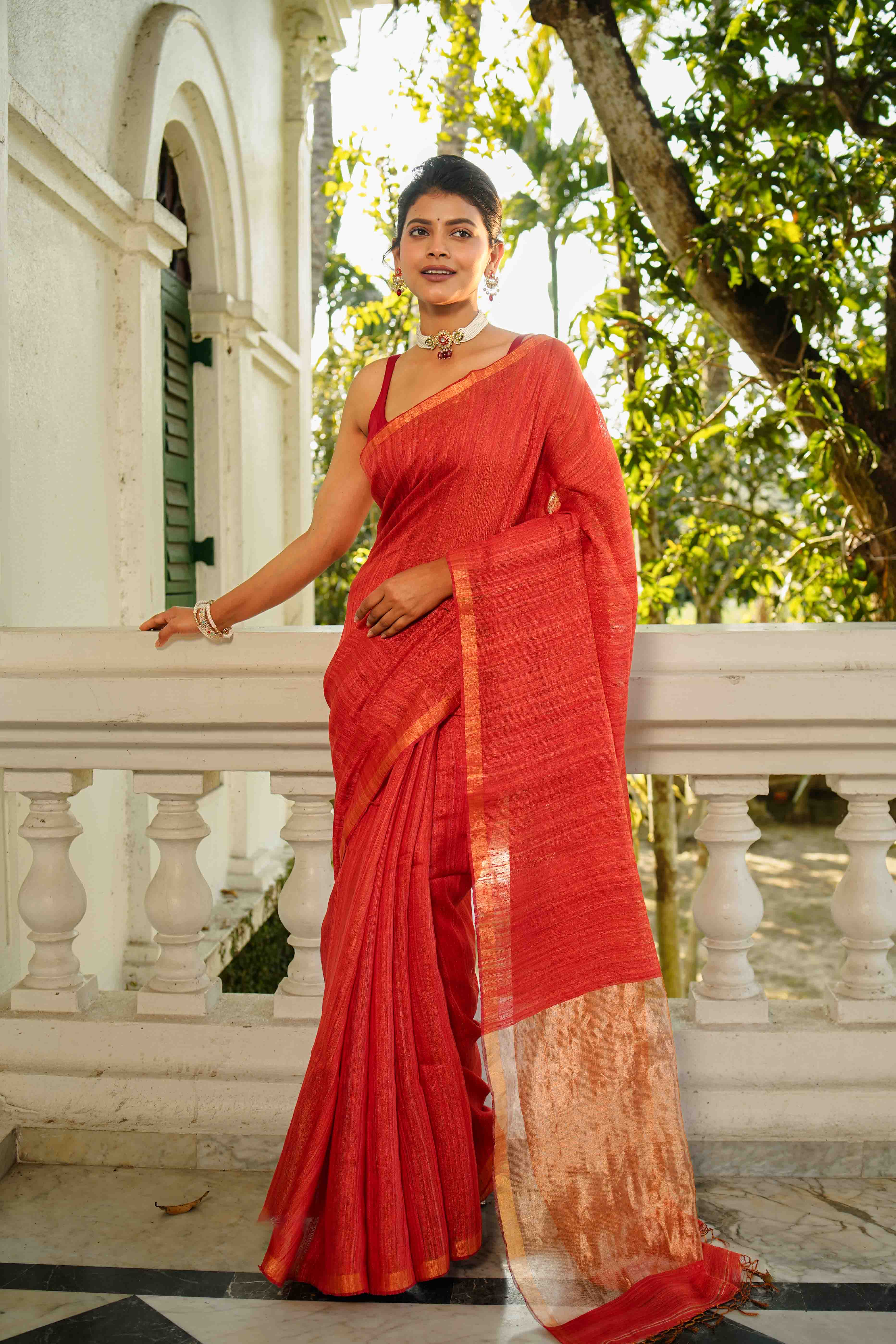 Rust Orange Tissue Matka Saree With Blouse Piece