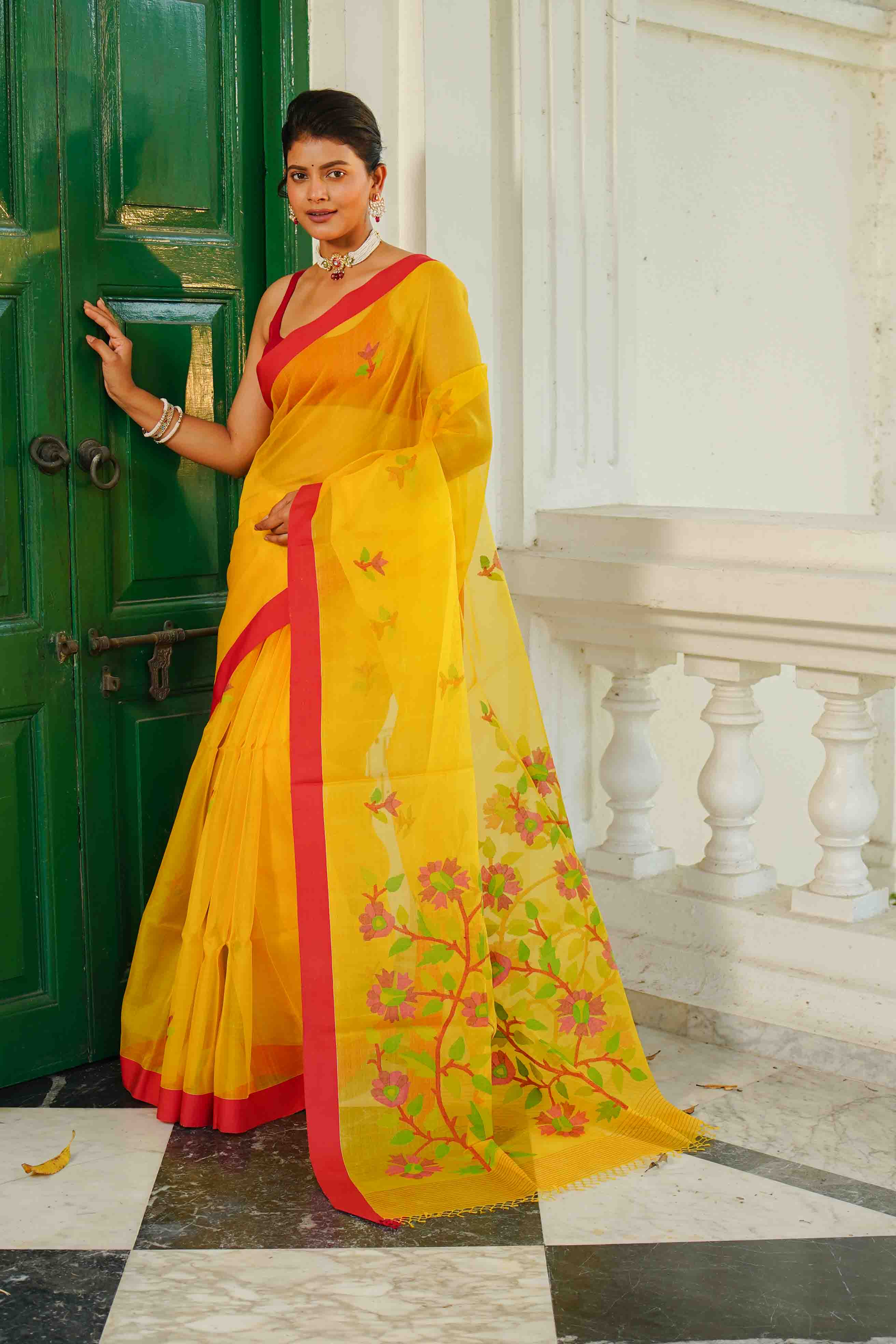 Yellow Muslin Jamdani Saree With Blouse Piece